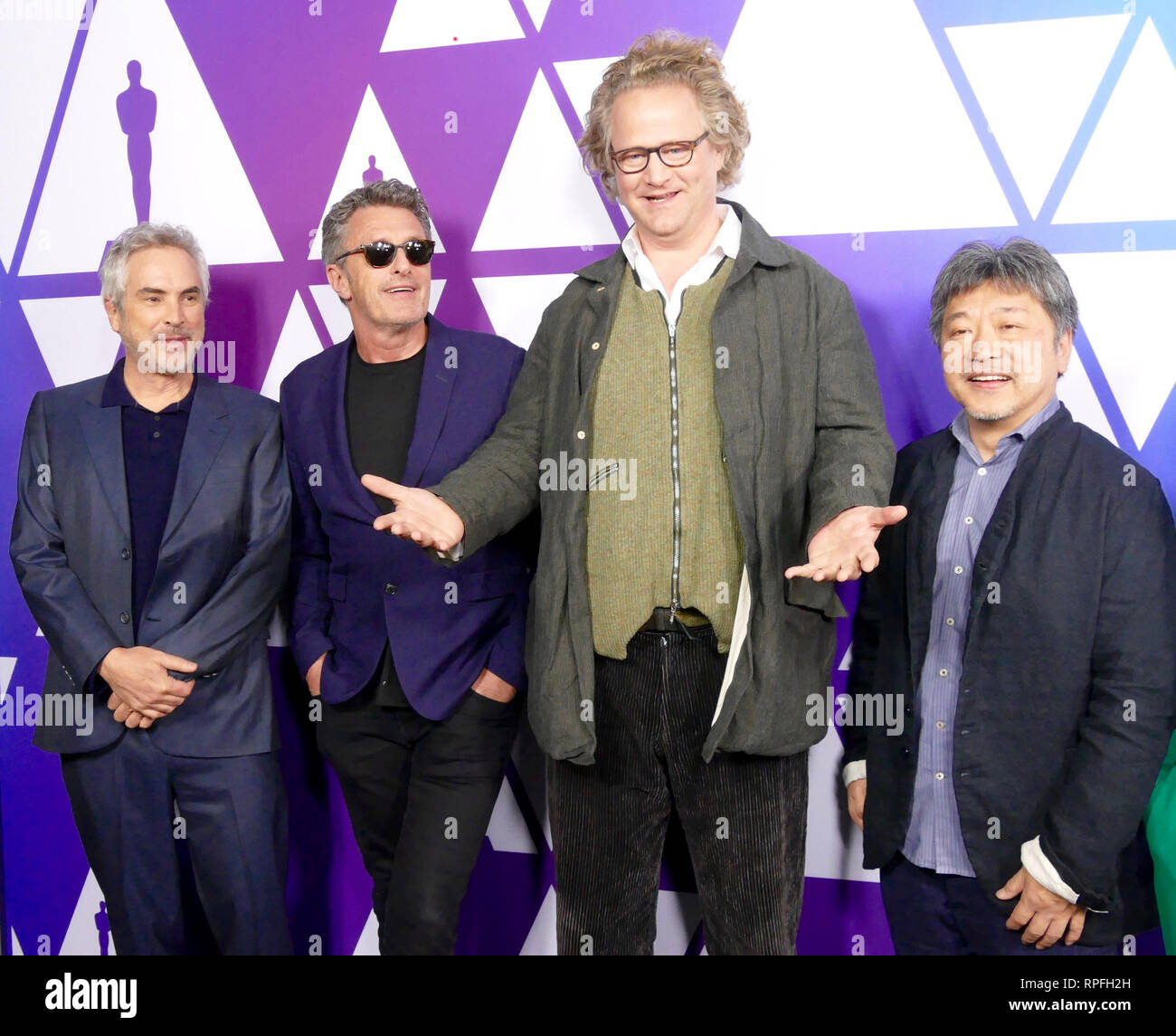 Los Angeles, USA. Feb 21, 2019. Quatre des cinq administrateurs désignés par Oscar Alfonso Cuaron ('Roma', l-r), Pawel Pawlikowski ("Guerre Froide"), Florian Henckel von Donnersmarck ('Werk ohne Autor') et Hirokazu KORE-EDA ('Shoplifters') à la réception de l'administration dans le domaine de la non-anglophones film au siège de l'Academy of Motion Picture Arts and Sciences. Ici les directeurs nommés pour leur pays ont parlé de leurs œuvres. (Dpa 'Donnersmarck & Co. a célébré au siège de l' Oscar du 22.02.2019) Crédit : Barbara Munker/dpa/Alamy Live News Banque D'Images