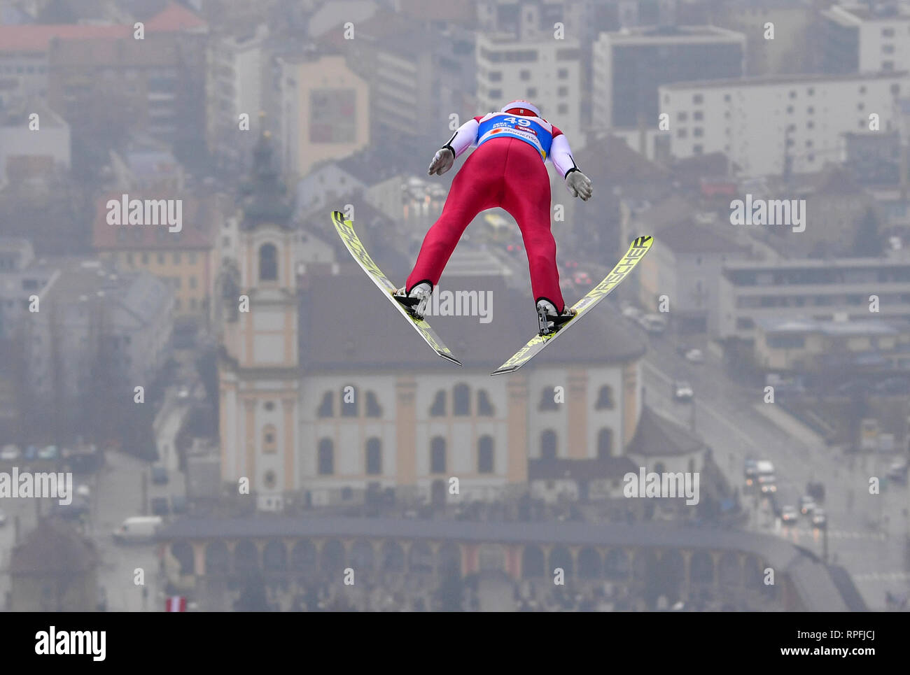 Innsbruck, Autriche. Feb 22, 2019. Ski nordique : Championnat du monde, combinaison - single, big hill/10 km, hommes, sauter sur la colline de Bergisel : Eric Frenzel de Allemagne saute de la colline. Credit : Hendrik Schmidt/dpa-Zentralbild/dpa/Alamy Live News Banque D'Images