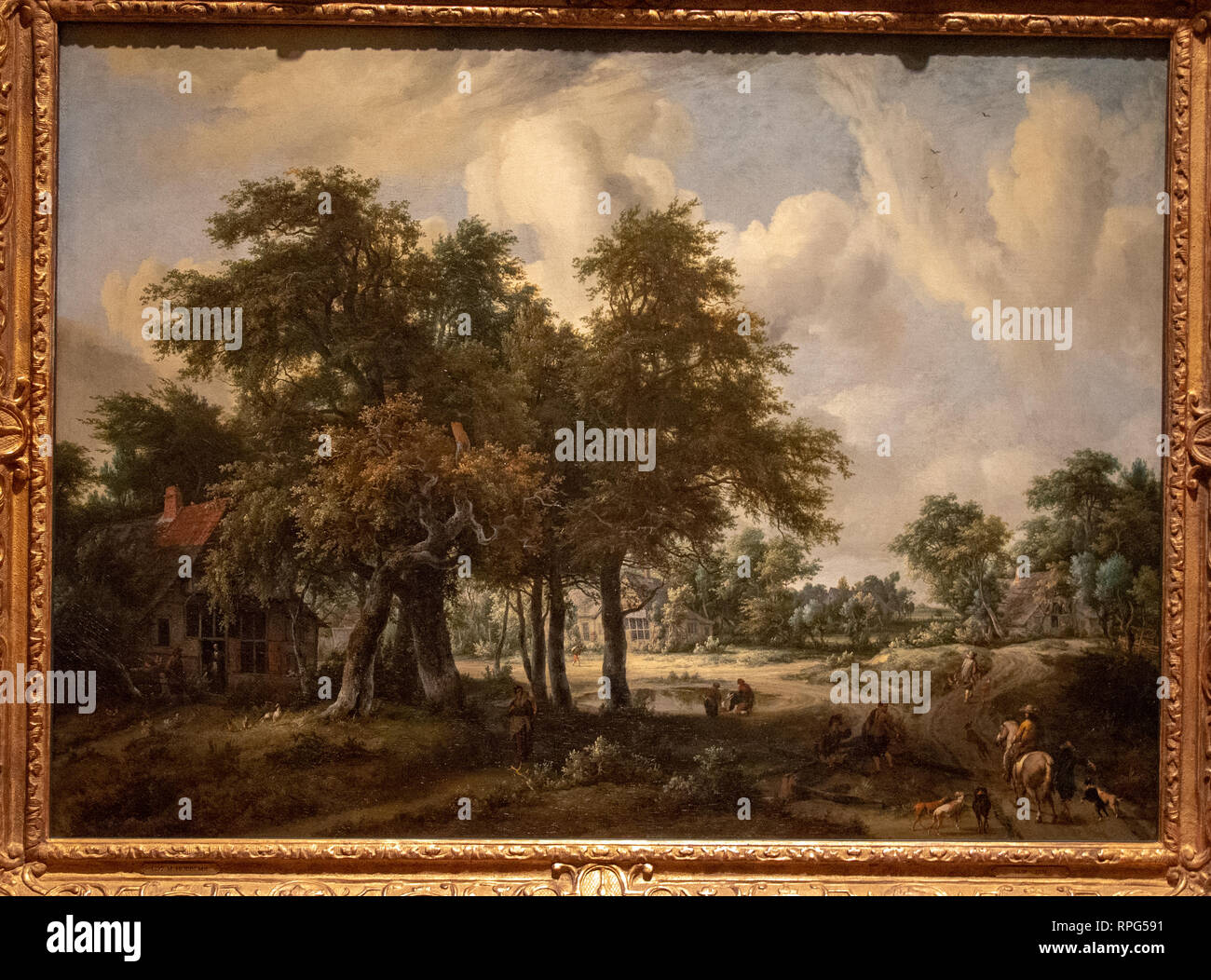 Paysage boisé avec des chalets par la peintre Meindert Hobbema Banque D'Images Paysage boisé avec des chalets par la peintre Meindert Hobbema Banque D'Images