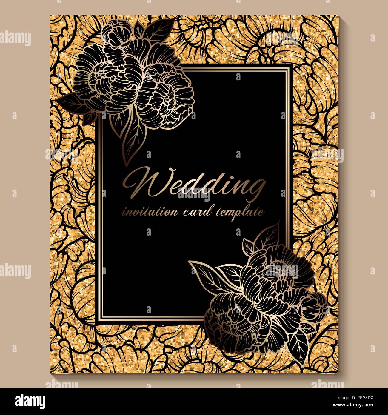 Mobilier de luxe royal wedding invitation card, golden glitter avec cadre et la place pour le texte, le feuillage noir faite de roses ou de pivoines . Illustration de Vecteur