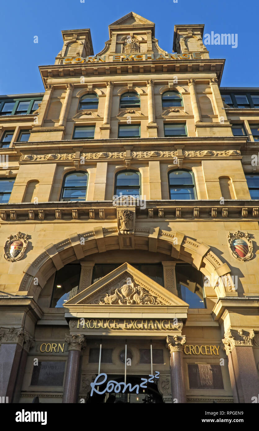Manchester Le maïs et l'échange d'épicerie, pendaison, de fossé Central Manchester, centre-ville, au nord ouest de l'Angleterre, Royaume-Uni Banque D'Images