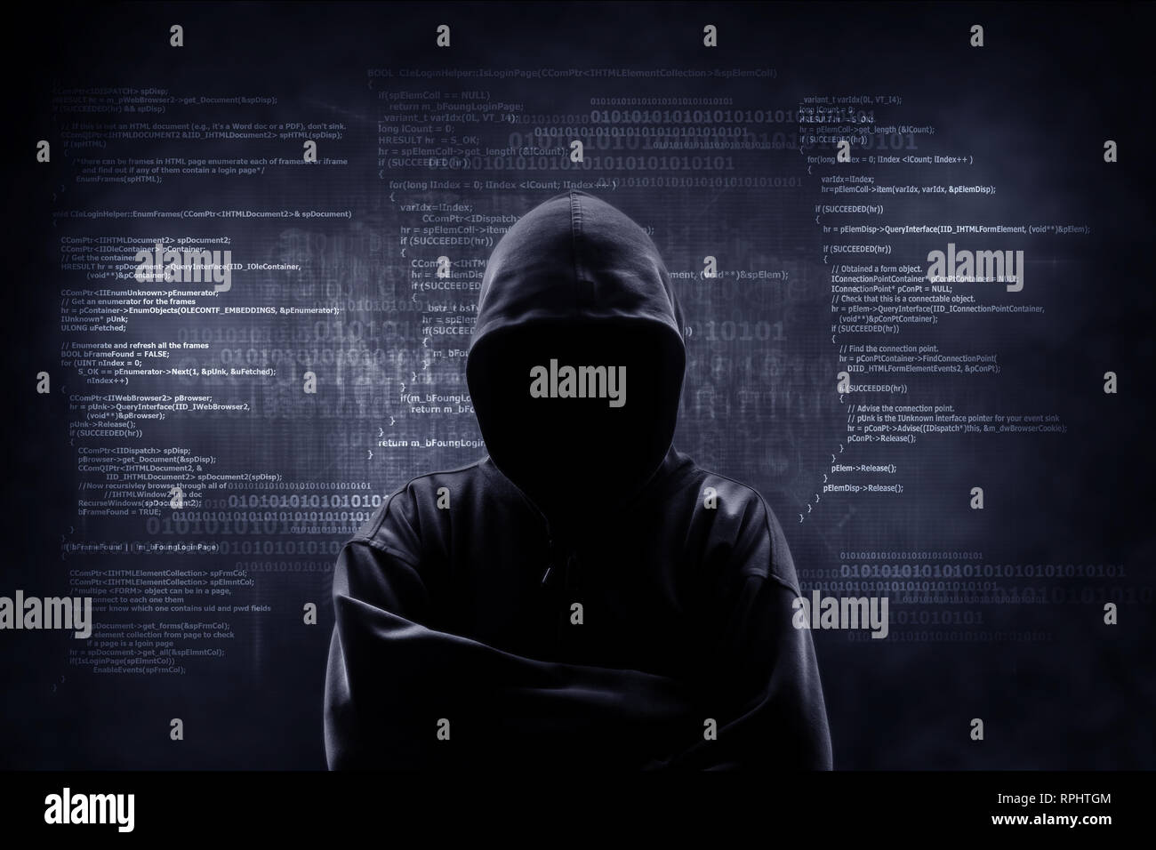 La criminalité sur Internet concept. Hacker travaille sur un code sur fond numérique sombre avec l'interface numérique autour. Banque D'Images