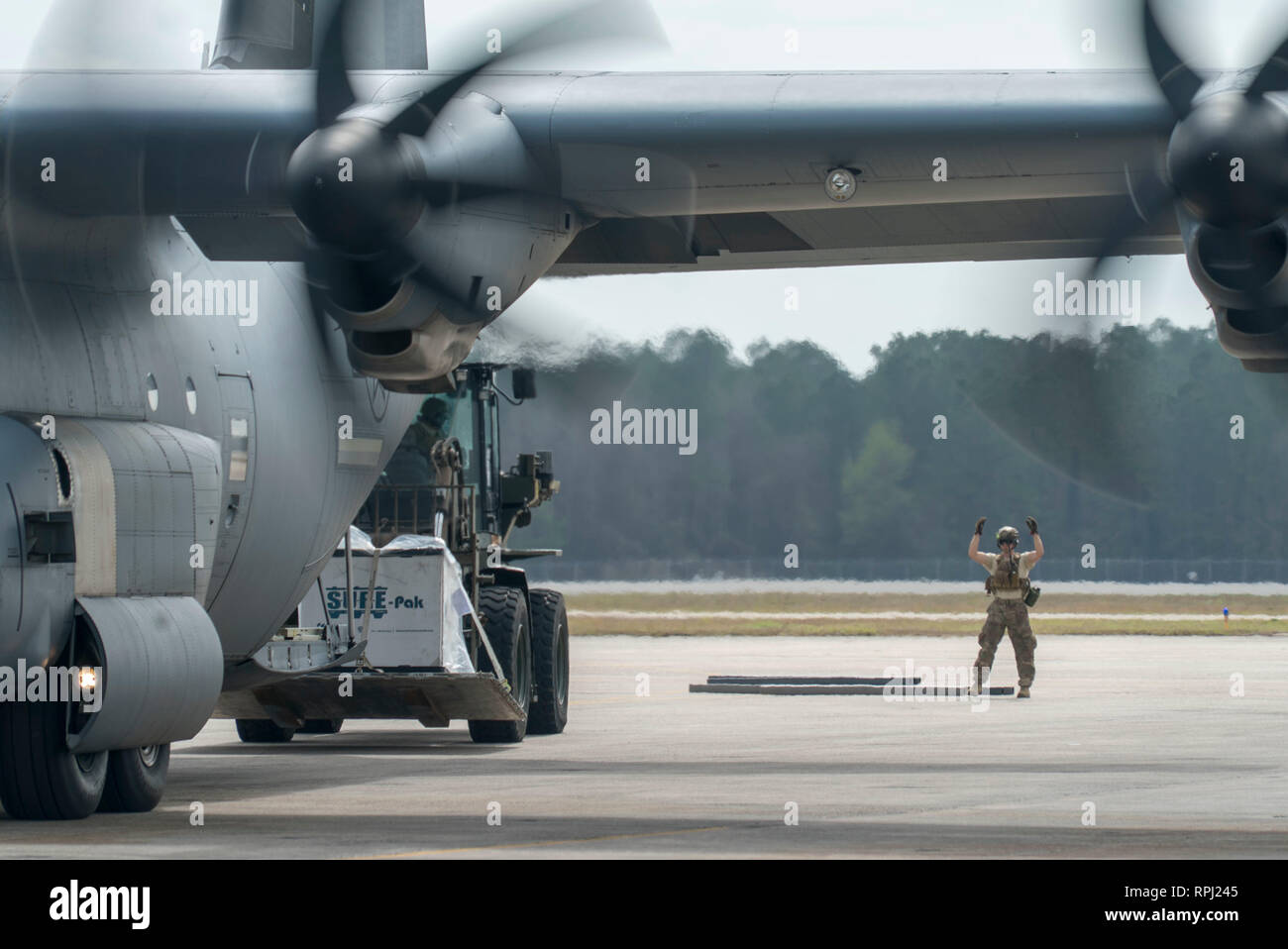 Un aviateur du 821e Escadron d'intervention d'urgence simulée de déchargement de l'aide humanitaire d'un C-130J Super Hercules pour la zone de cargaison 20 Février, 2019, au cours de l'effort de Distribution Turbo 19-1. Distribution Turbo 19-1 est un groupe Force-Port exercice d'ouverture conçu pour former du personnel pour répondre rapidement à l'aide humanitaire en cas de catastrophe/missions dans des endroits austères, mis en place les infrastructures de base et de recevoir/commencer les premiers theatre la distribution de marchandises.(U.S. Air Force photo de James SrA Merriman/ libéré) Banque D'Images