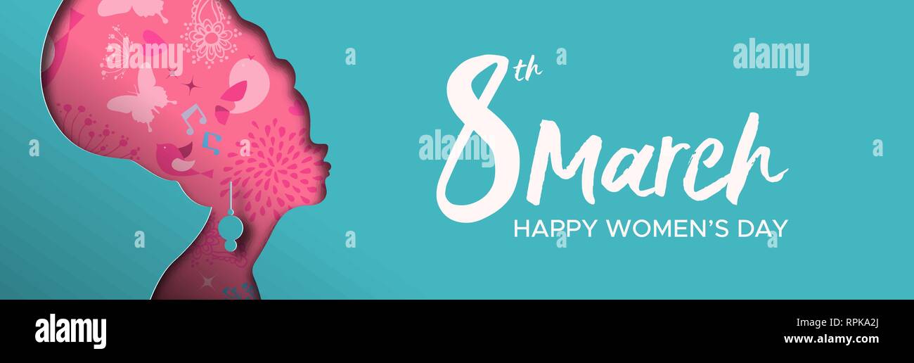 Heureux Jour Femmes illustration bannière web. Coupe papier découpe silhouette fille africaine avec le printemps et des fleurs dessinés à la main, gribouillages, femme afro pour les ri Illustration de Vecteur