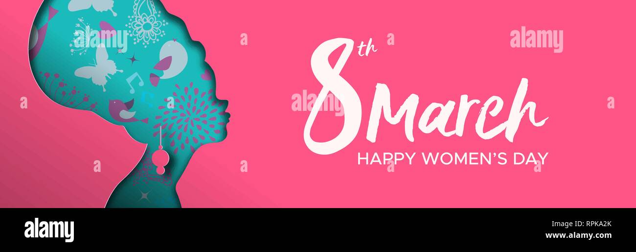 Heureux Jour Femmes illustration bannière web. Coupe papier découpe silhouette fille africaine avec le printemps et des fleurs dessinés à la main, gribouillages, femme afro pour les ri Illustration de Vecteur