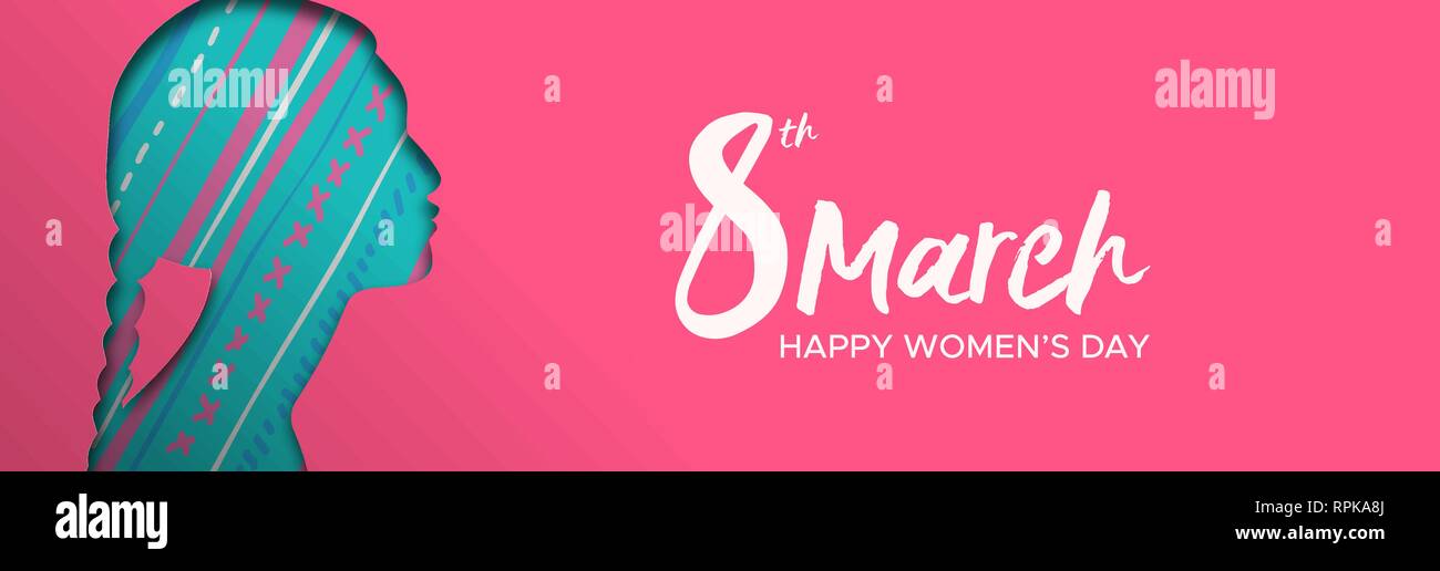 Heureux Jour Femmes illustration bannière web. Coupe papier découpe silhouette fille indienne avec tresses et décoration traditionnelle, ethnique femme pour femme Illustration de Vecteur