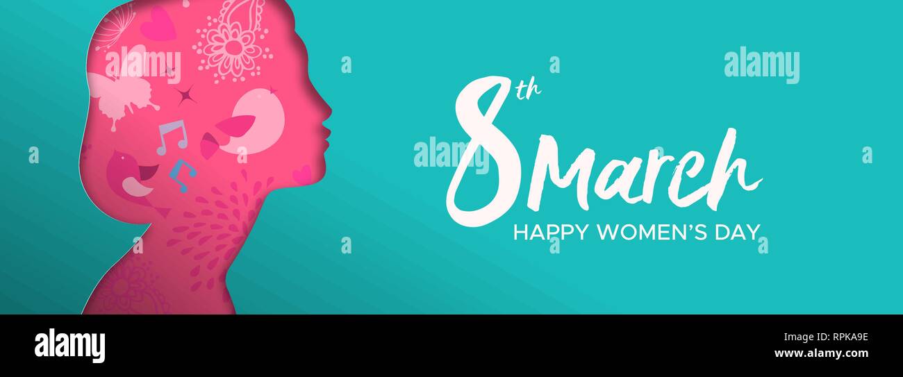 Heureux Jour Femmes illustration bannière web. Coupe papier avec découpe silhouette fille printemps fleurs dessinés à la main et gribouillages, belle femme pour femme droit Illustration de Vecteur