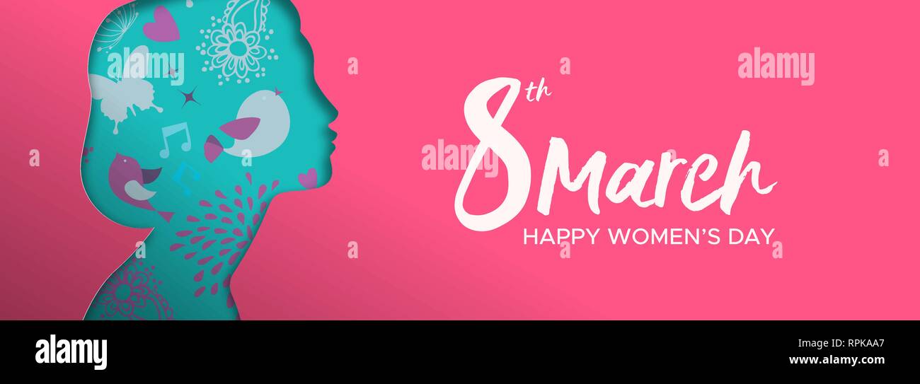 Heureux Jour Femmes illustration bannière web. Coupe papier avec découpe silhouette fille printemps fleurs dessinés à la main et gribouillages, belle femme pour femme droit Illustration de Vecteur