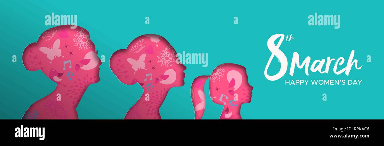 Heureux Jour Femmes illustration bannière web. Coupe papier découpe silhouette femme avec grand-mère, mère et enfant. Belle femme multi génération groupe pour f Illustration de Vecteur