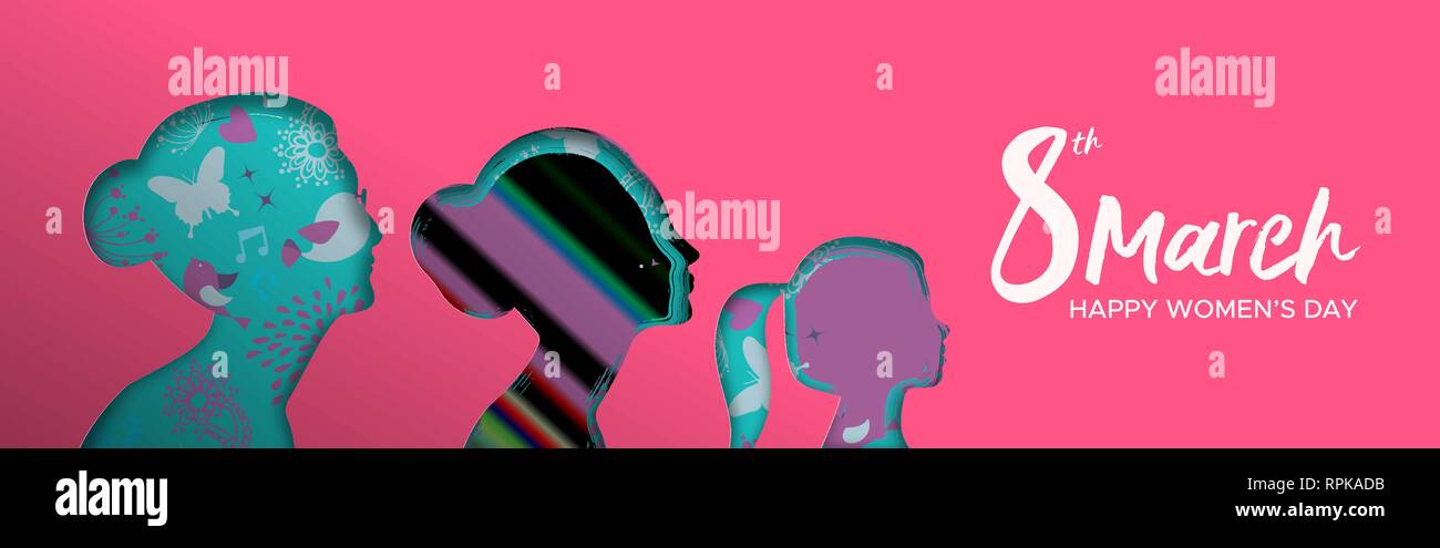 Heureux Jour Femmes illustration bannière web. Coupe papier découpe silhouette femme avec grand-mère, mère et enfant. Belle femme multi génération groupe pour f Illustration de Vecteur