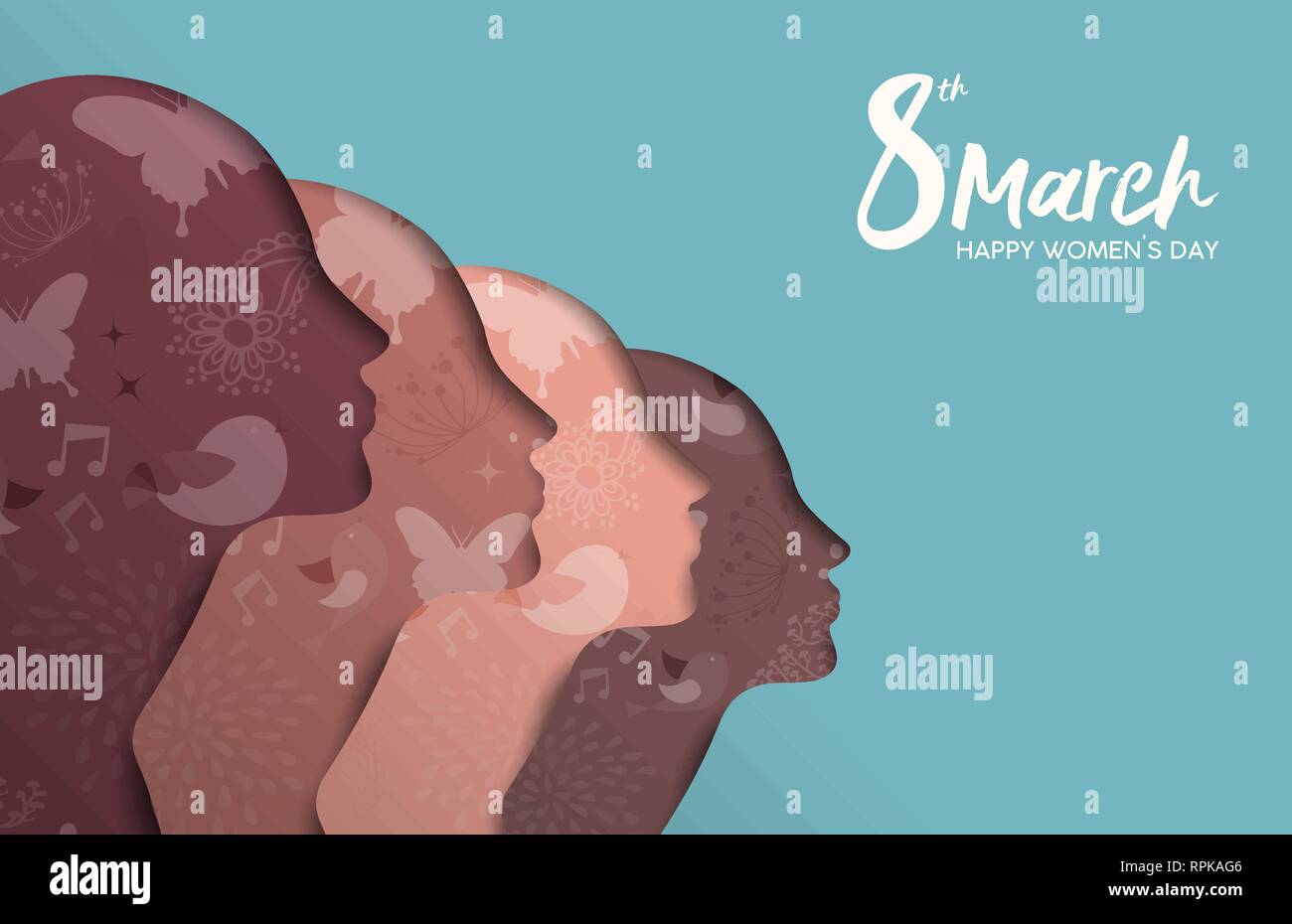 Heureux Womens Day illustration. Divers Groupe de fille mixte, papier coupé silhouette aux fleurs de printemps et dessinés à la main, gribouillages, belle femme de l'équipe de la FEMA Illustration de Vecteur