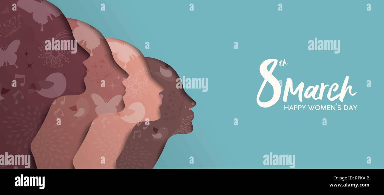 Heureux Jour Femmes illustration bannière web. Divers Groupe de fille mixte, papier coupé silhouette aux fleurs de printemps et dessinés à la main, gribouillages, belle femme te Illustration de Vecteur