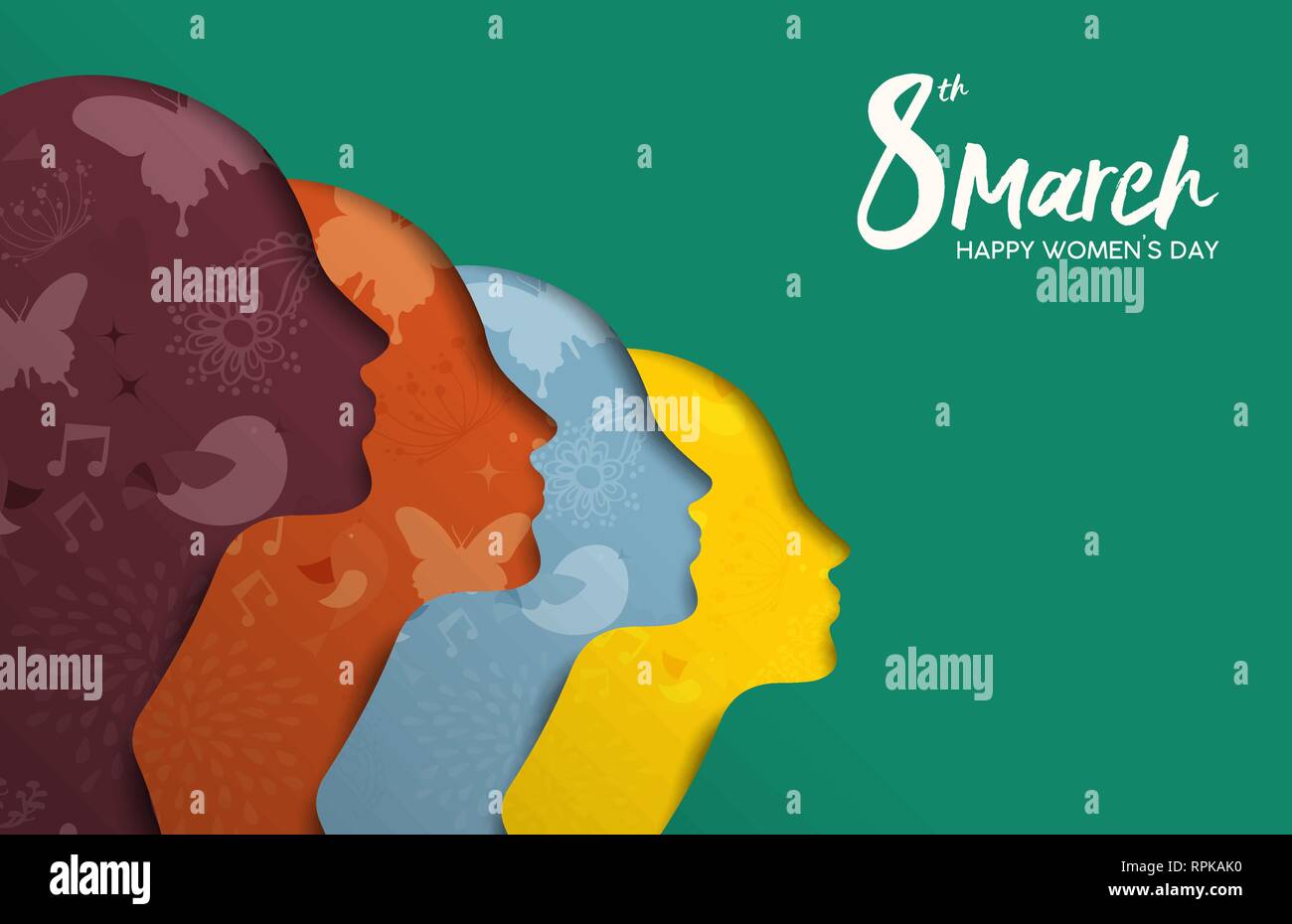 Heureux Womens Day illustration. Divers Groupe de fille colorée, papier coupé silhouette aux fleurs de printemps et dessinés à la main, gribouillages, belle femme de l'équipe f Illustration de Vecteur