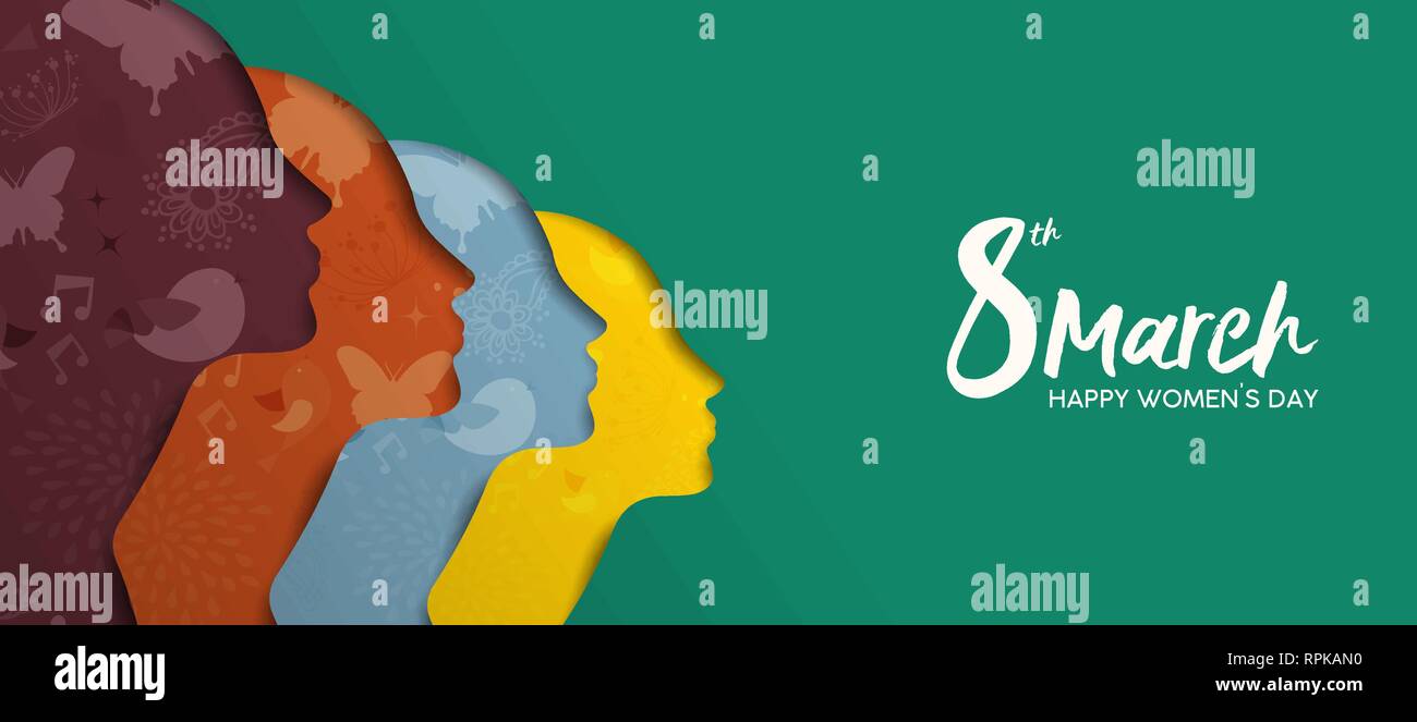 Heureux Jour Femmes illustration bannière web. Divers Groupe de fille colorée, papier coupé silhouette aux fleurs de printemps et dessinés à la main, gribouillages, belle femme Illustration de Vecteur