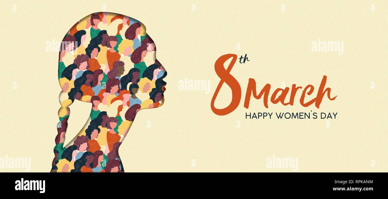 Heureux Womens Day illustration. Coupe papier indien silhouette fille avec les groupes de femmes à l'intérieur, femme foule pour l'égalité des droits ou mars protes pacifique Illustration de Vecteur