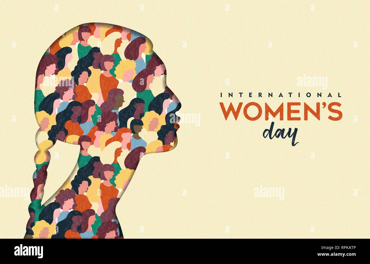 Heureux Womens Day illustration. Coupe papier indien silhouette fille avec les groupes de femmes à l'intérieur, femme foule pour l'égalité des droits ou mars protes pacifique Illustration de Vecteur