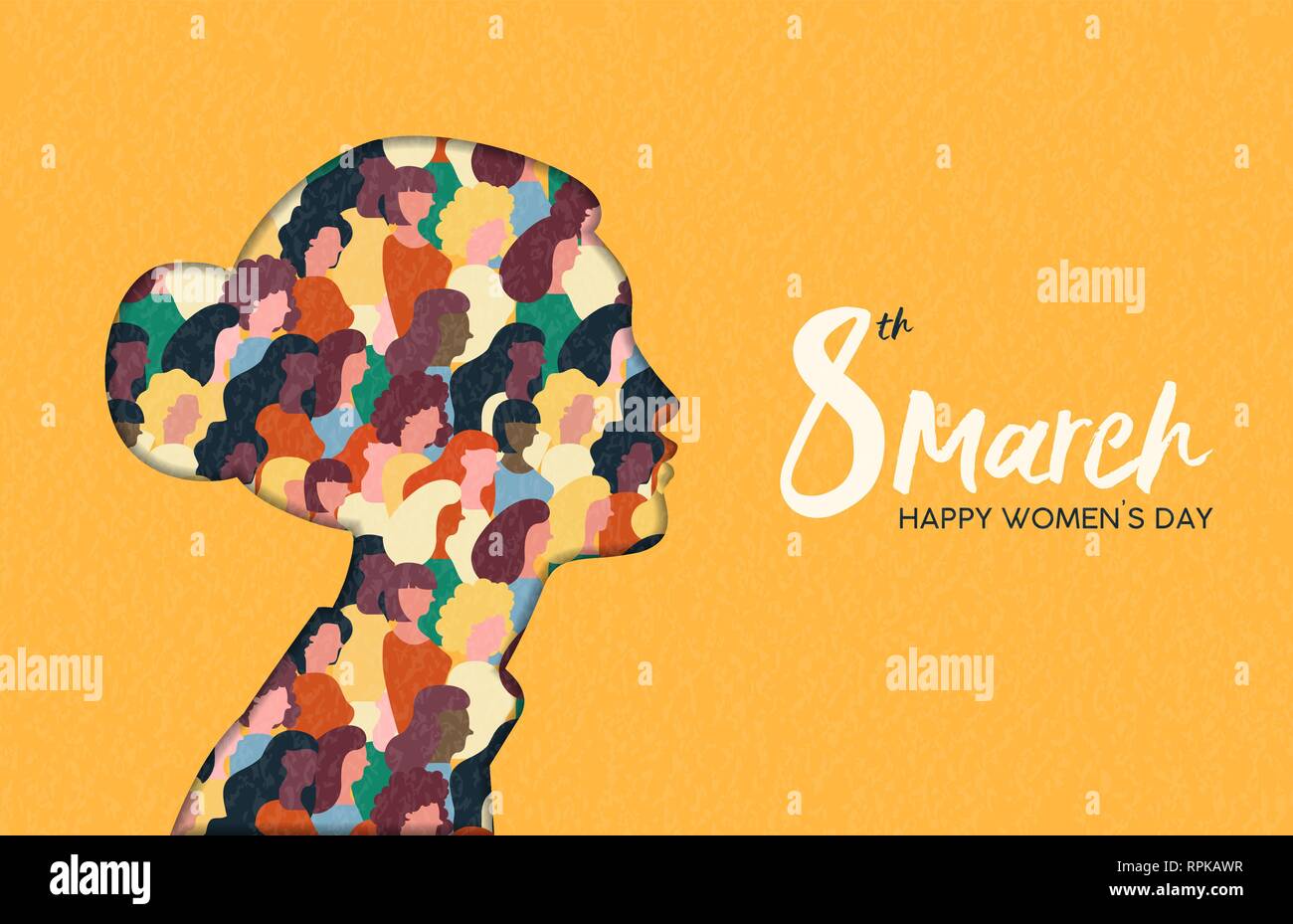 Heureux Womens Day illustration. Coupe papier découpe silhouette fille avec les groupes de femmes à l'intérieur, femme foule pour l'égalité des droits mars ou protestation pacifique conce Illustration de Vecteur