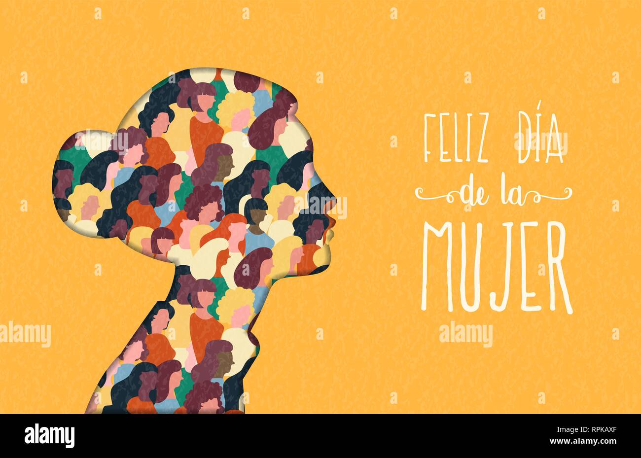 Heureux Womens Day illustration en langue espagnole. Coupe papier découpe silhouette fille avec les groupes de femmes à l'intérieur, femme foule pour l'égalité des droits mars ou pe Illustration de Vecteur