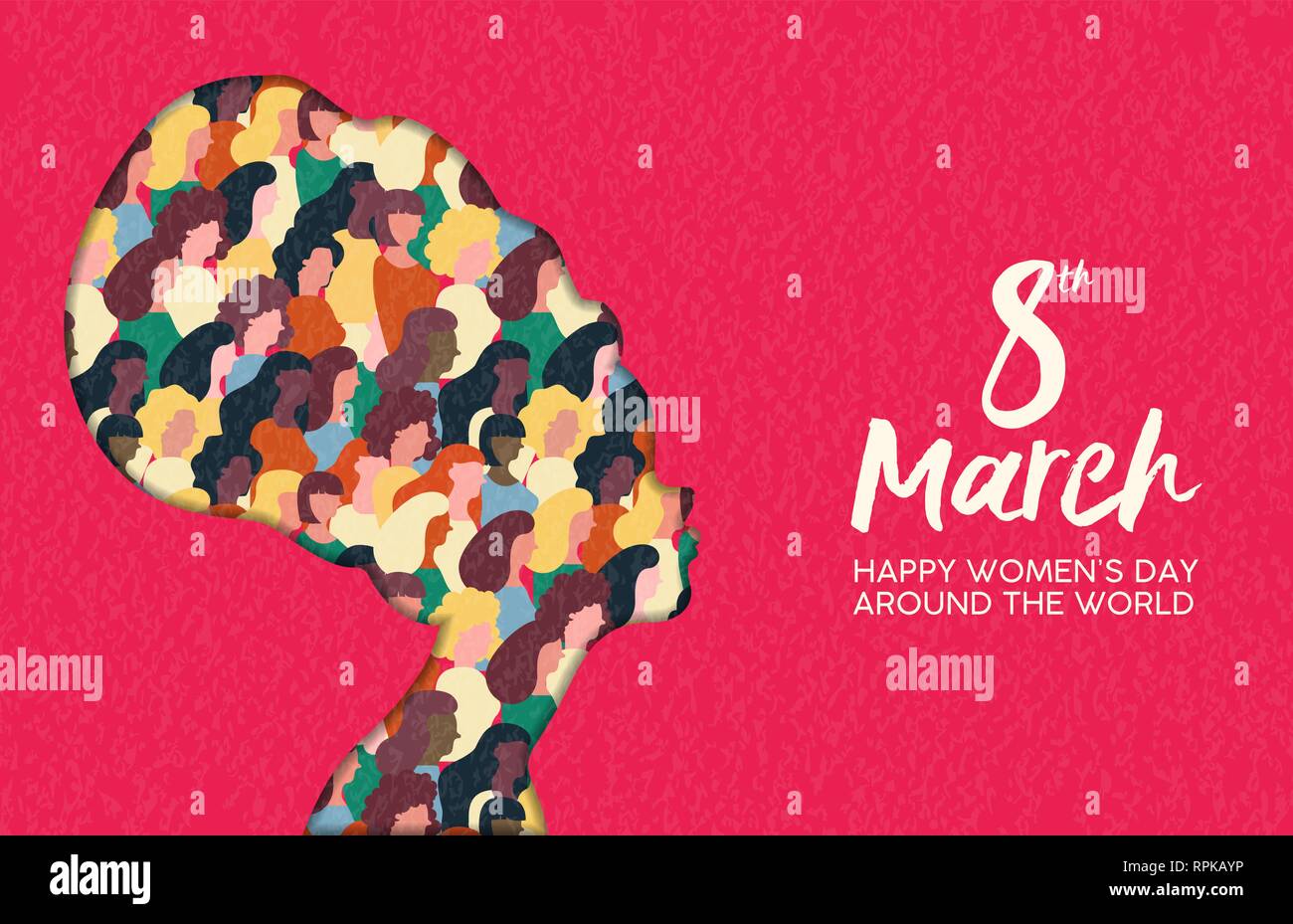Heureux Womens Day illustration. Coupe papier africaine silhouette fille avec les groupes de femmes à l'intérieur, femme foule pour l'égalité des droits mars ou protestation pacifique conc Illustration de Vecteur