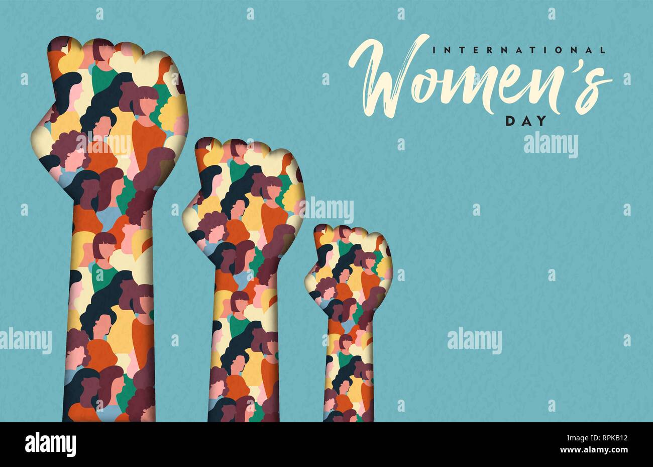 Heureux Womens Day illustration. Coupe papier mains femme avec les groupes de femmes à l'intérieur, femme foule pour l'égalité des droits ou mars girl power concept. Illustration de Vecteur