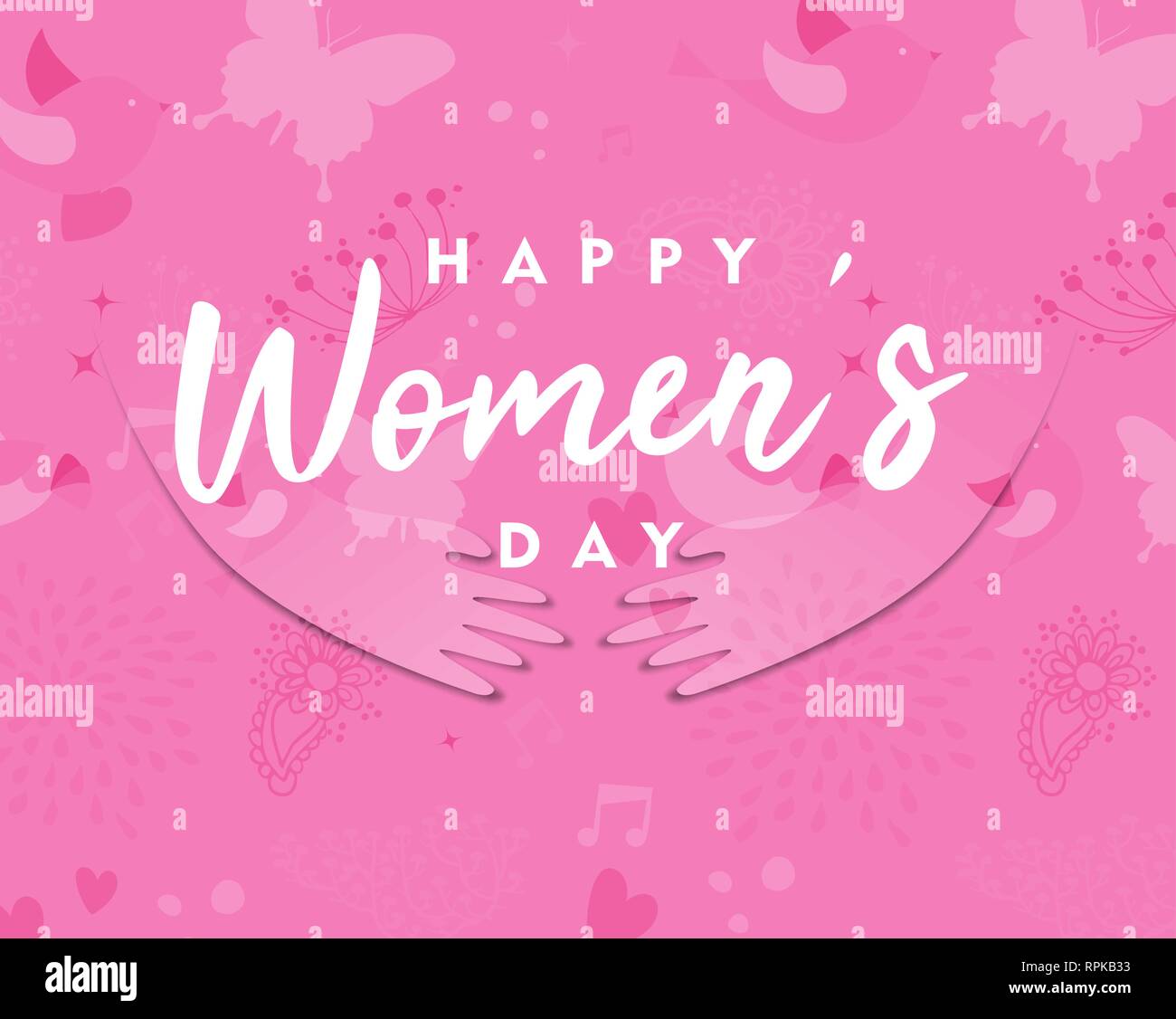 Heureux Jour Femmes carte de souhaits de belle fille coupe papier rose mains avec flower spring doodles. Concept de soutien international des femmes de l'homme. Illustration de Vecteur
