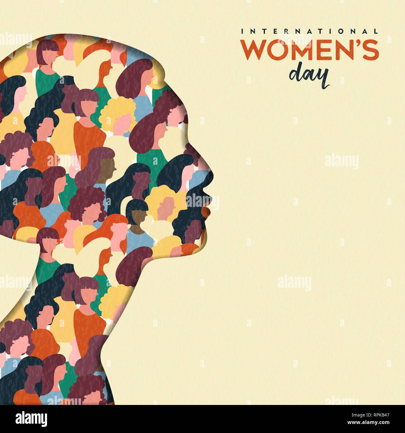 Heureux Womens Day illustration. Coupe papier découpe silhouette fille avec les groupes de femmes à l'intérieur, femme foule pour l'égalité des droits mars ou protestation pacifique conce Illustration de Vecteur