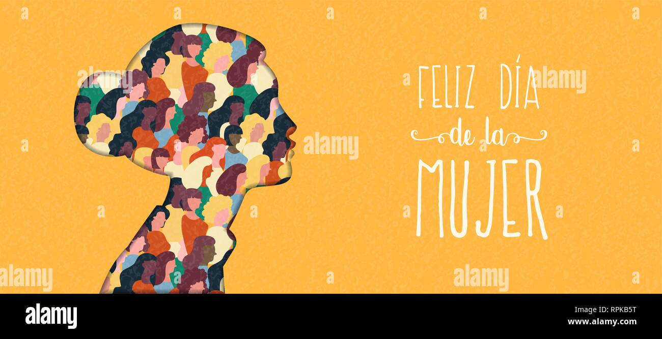 Heureux Womens Day illustration en langue espagnole. Coupe papier découpe silhouette fille avec les groupes de femmes à l'intérieur, femme foule pour l'égalité des droits mars ou pe Illustration de Vecteur