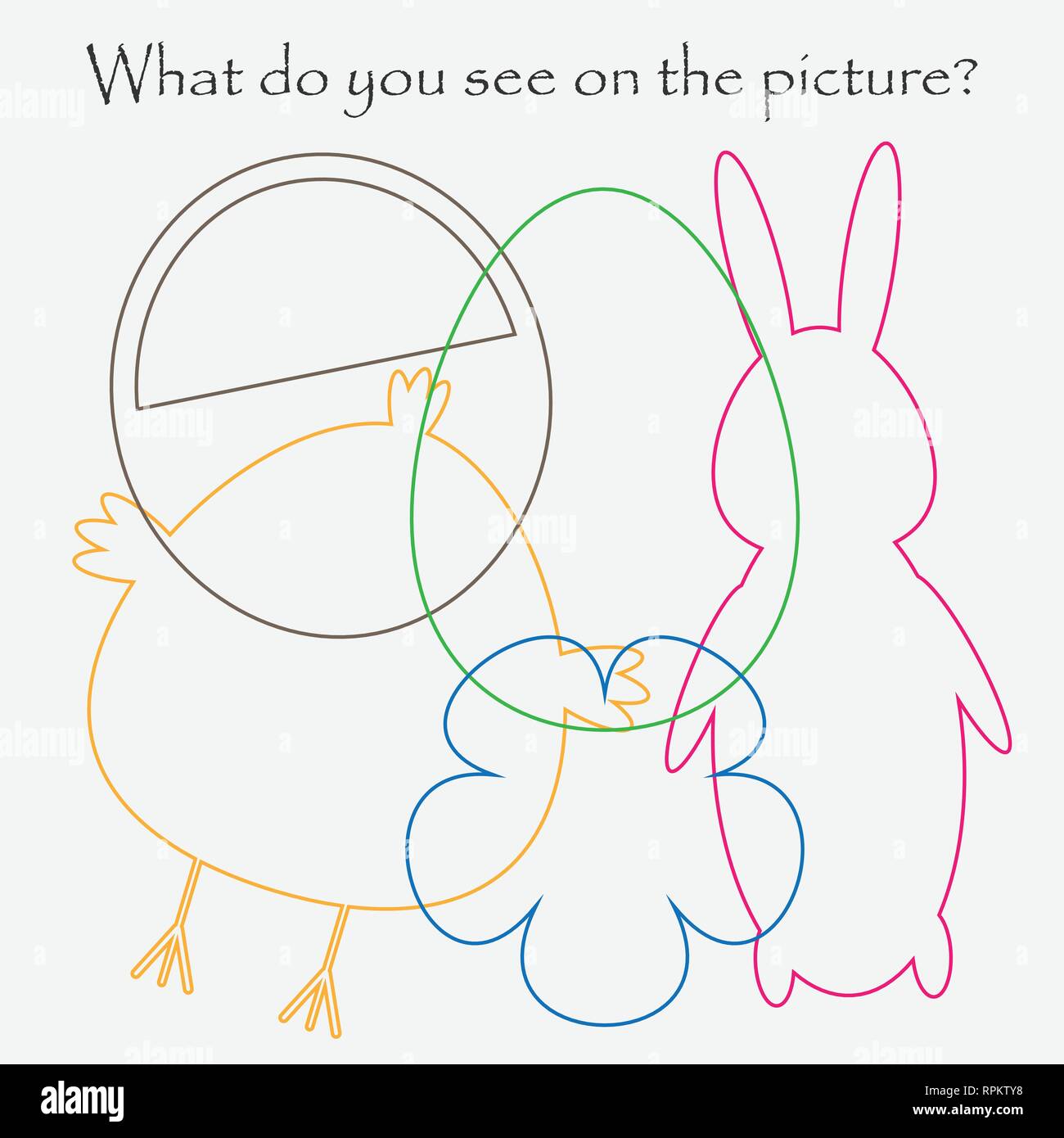 Trouvez des objets cachés sur l'image, thème de Pâques, contour, fun jeu méli-mélo de jeu pour les enfants de l'éducation préscolaire, activité pour enfants, vector Illustration de Vecteur