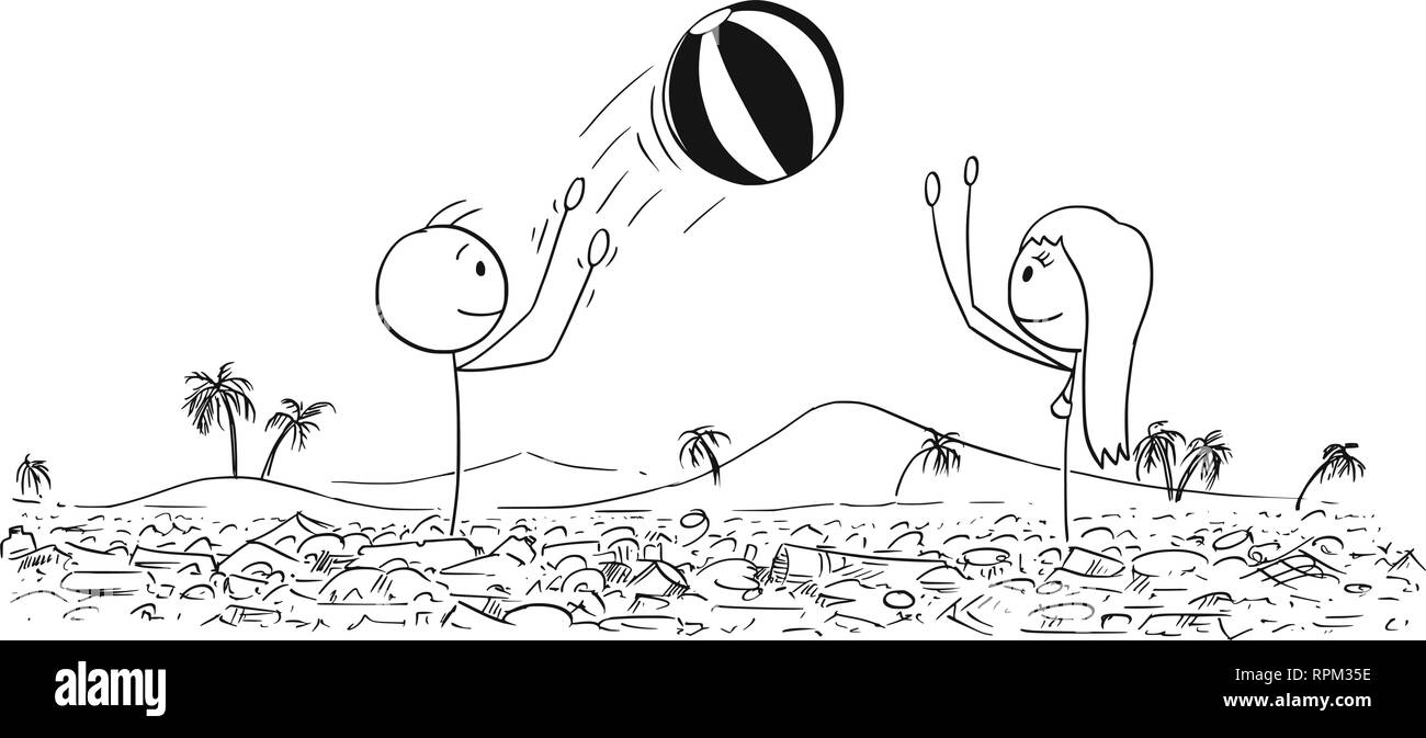 Caricature de l'homme et de la femme jouant avec ballon gonflable dans l'eau polluée par les déchets en plastique Illustration de Vecteur