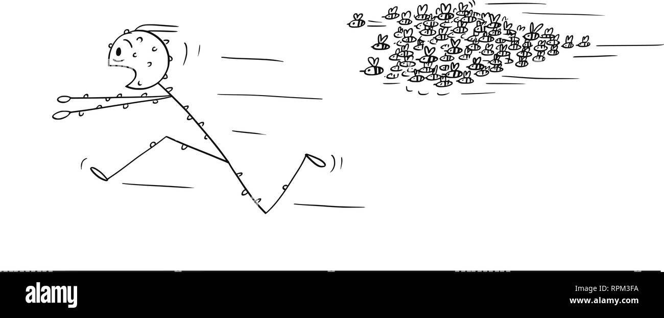 Caricature de l'homme en fuite d'attaquer d'Essaim d'abeilles ou de guêpes Illustration de Vecteur