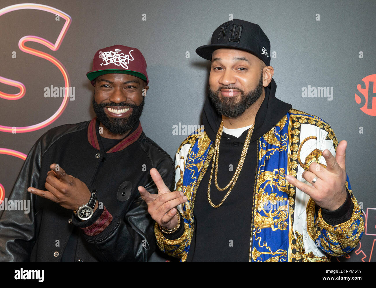 New York, États-Unis. Feb 21, 2019. Et l'enfant de Nice Desus Mero assister aux débuts de la série de Showtime Late-Night DESUS & MERO à l'horloge New York Edition Crédit : Lev Radin/Pacific Press/Alamy Live News Banque D'Images