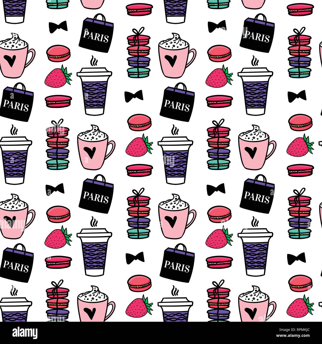 Café et macarons modèle transparent. Style parisien. Surface design. Vector illustration croquis. Illustration de Vecteur