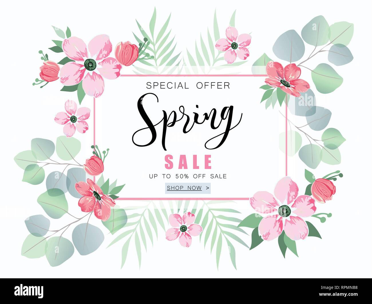 Vente de printemps avec bannière fleurs sakura et l'eucalyptus. Illustration de Vecteur