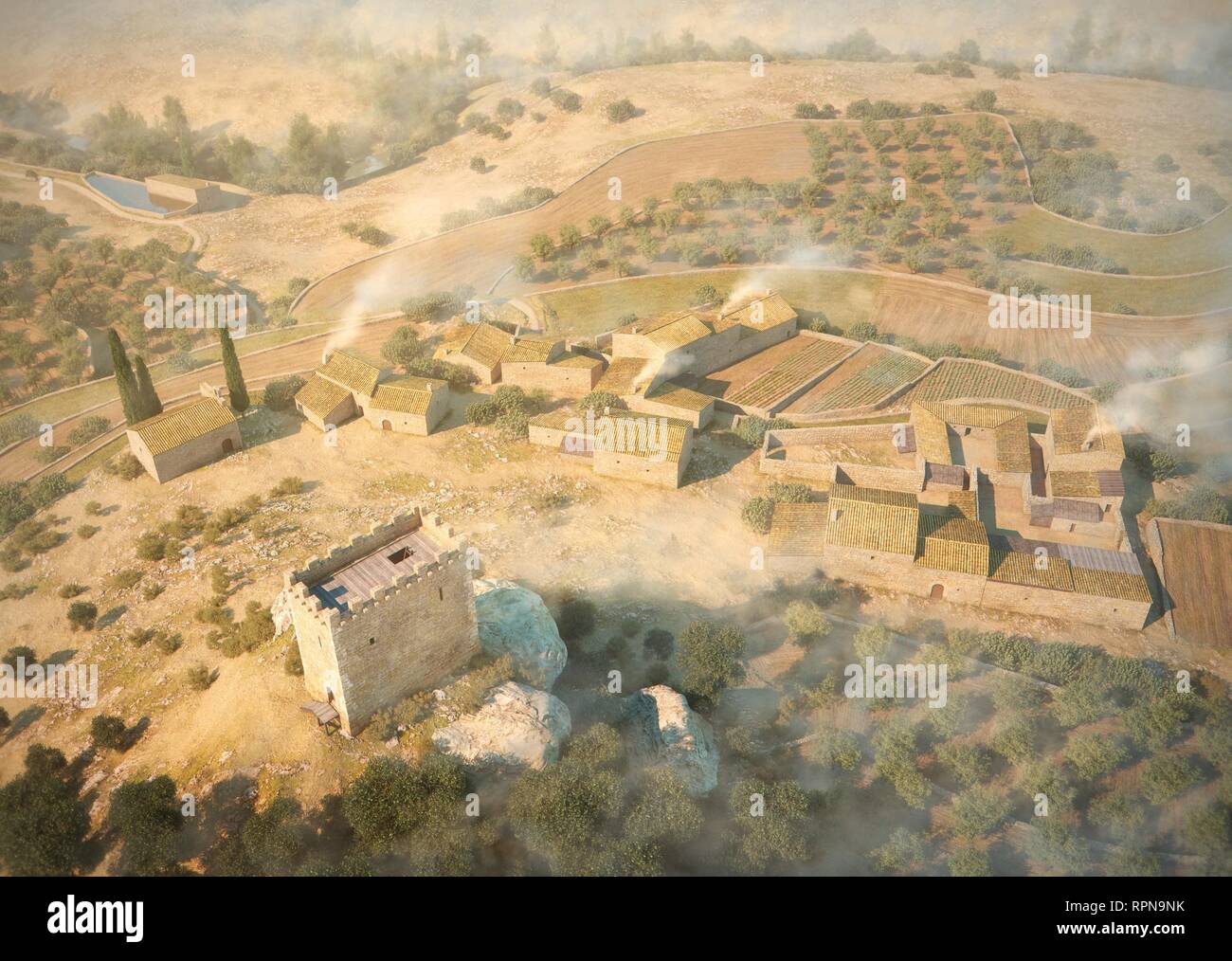 Exemple de la population rurale du XVI siècle. Reconstruction basée sur des preuves archéologiques d'un petit centre de population appartenant à Cervià de Les Garrigues dans son état d'expansion maximale avant son déclin et l'abandon à la fin du dix-septième siècle. La Catalogne, Espagne. Banque D'Images
