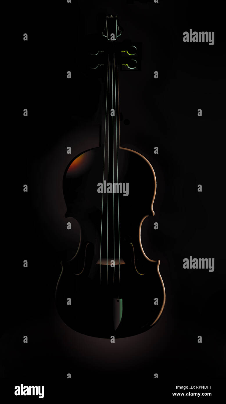 Dans cette image, on voit un violon qui brille dans un éclairage frappant et inhabituel. Voici une illustration. Banque D'Images