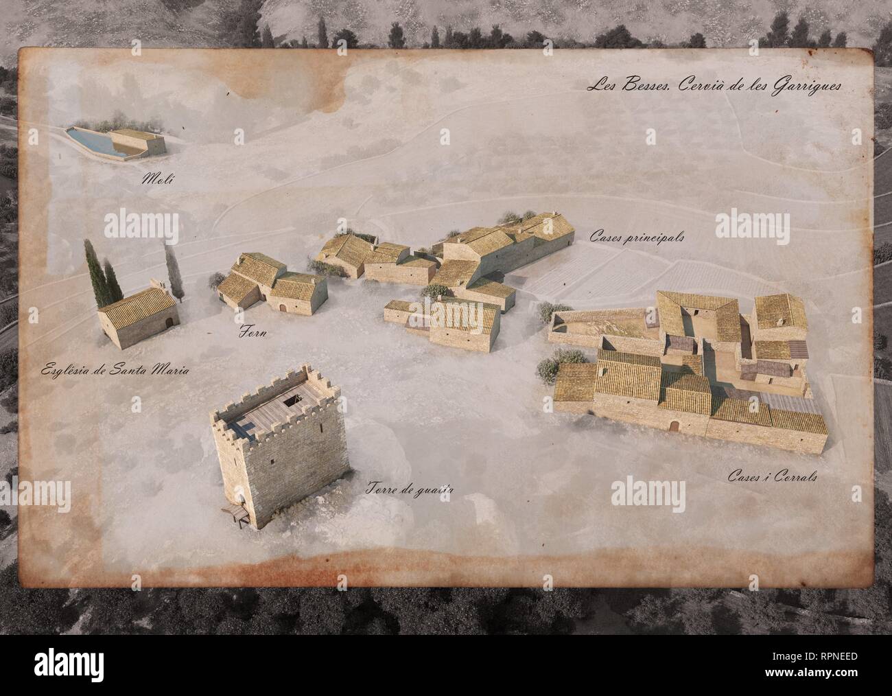 Exemple de la population rurale du XVI siècle. Reconstruction basée sur des preuves archéologiques d'un petit centre de population appartenant à Cervià de Les Garrigues dans son état d'expansion maximale avant son déclin et l'abandon à la fin du dix-septième siècle. Style ancienne version gravée. La Catalogne, Espagne. Banque D'Images