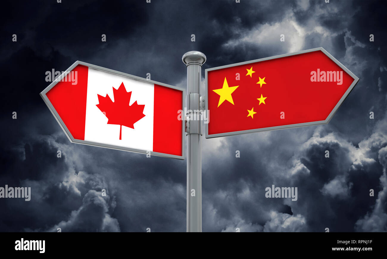 La Chine et le Canada signe drapeau déménagement dans une direction différente. Le Rendu 3D Banque D'Images