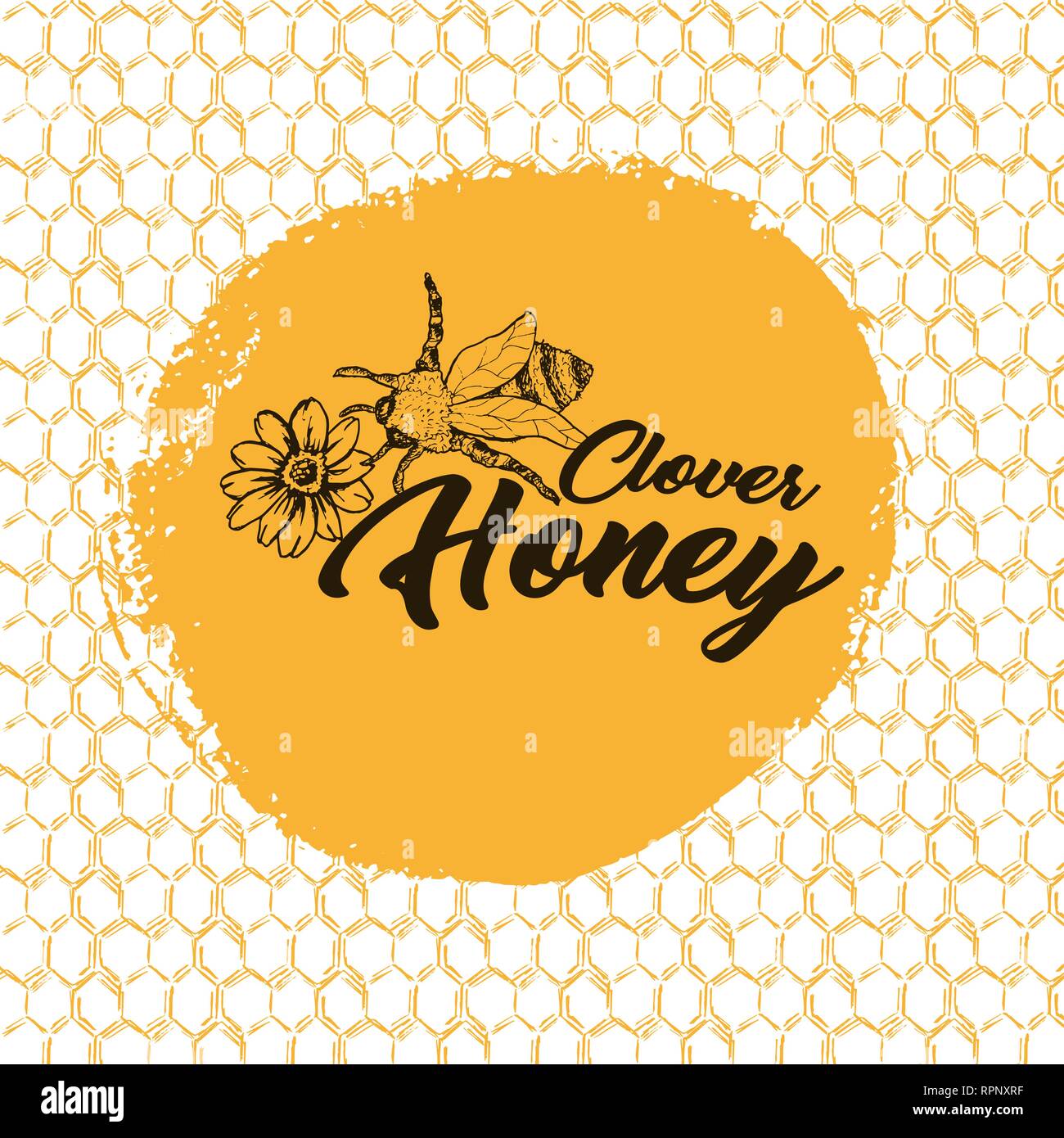 Abeille à miel, Sketch Logo Design avec motif en nid. Dessiné à la main vintage illustration isolé avec un lettrage. Illustration de Vecteur