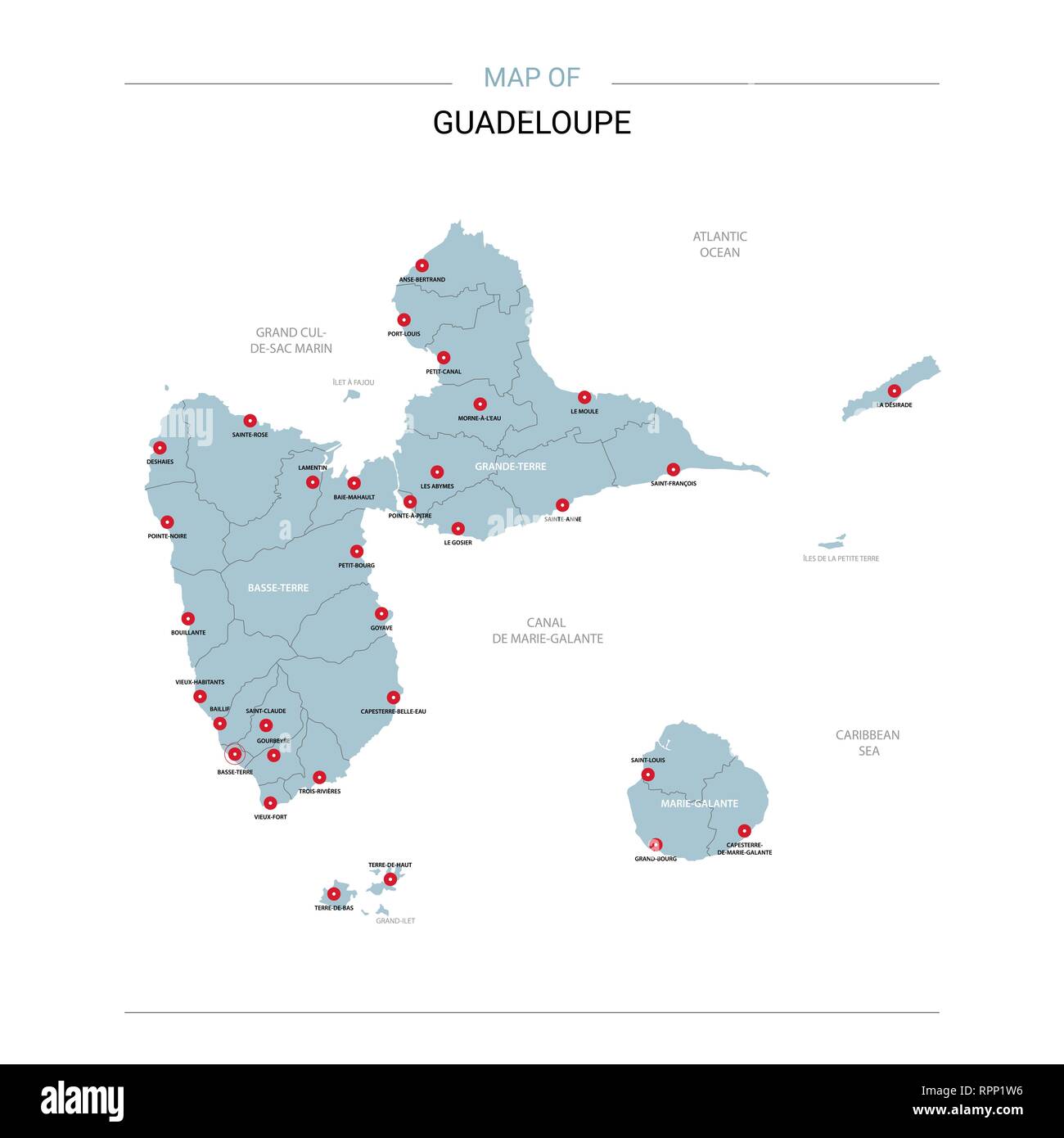 Guadeloupe carte vectorielle. Modèle modifiable avec les régions, les villes, les axes rouge et bleu sur fond blanc de surface. Illustration de Vecteur