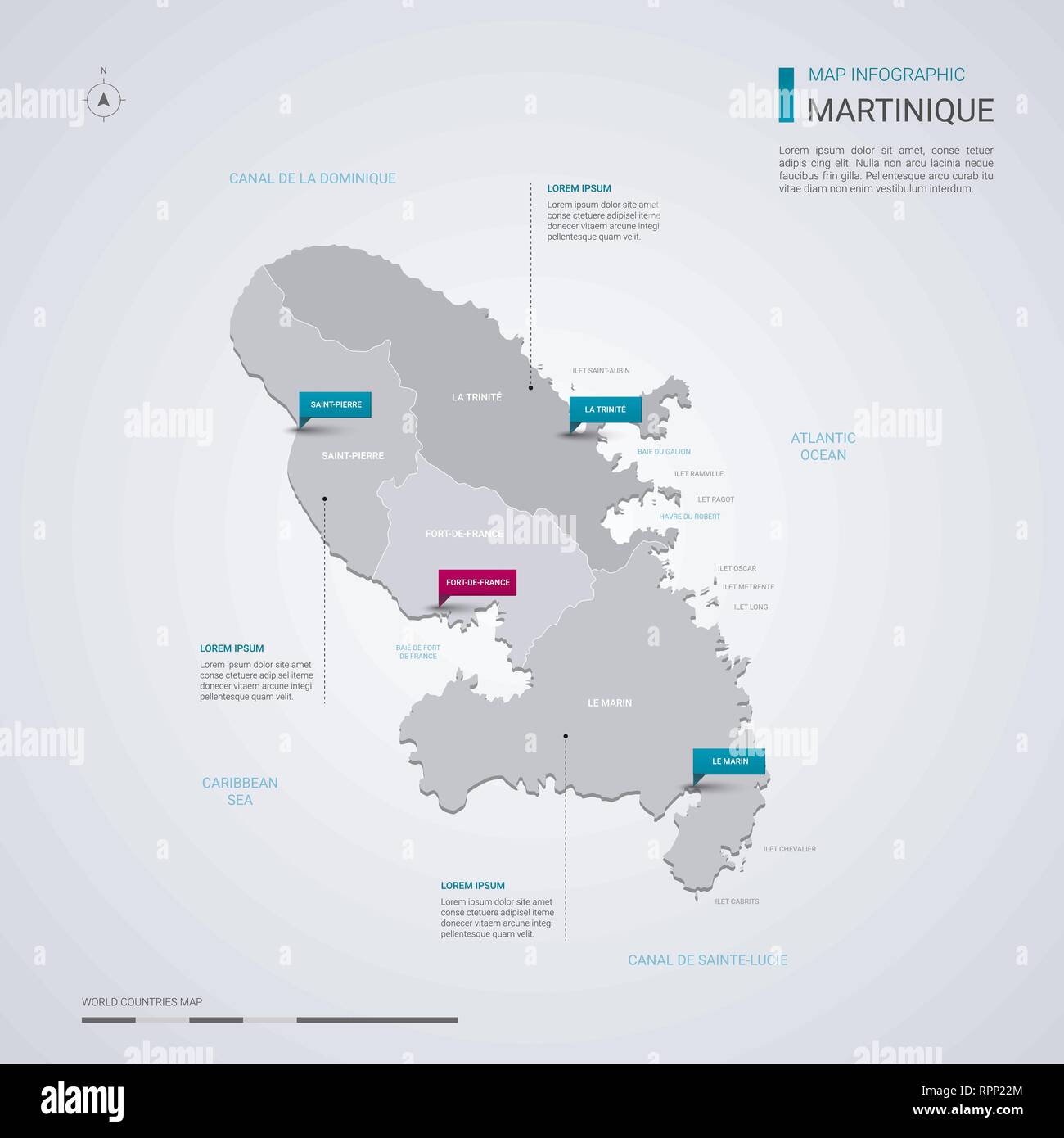 Martinique carte vectorielle avec éléments infographique, pointeur marques. Modèle modifiable avec les régions, les villes et les capitaux Fort-de-France. Illustration de Vecteur
