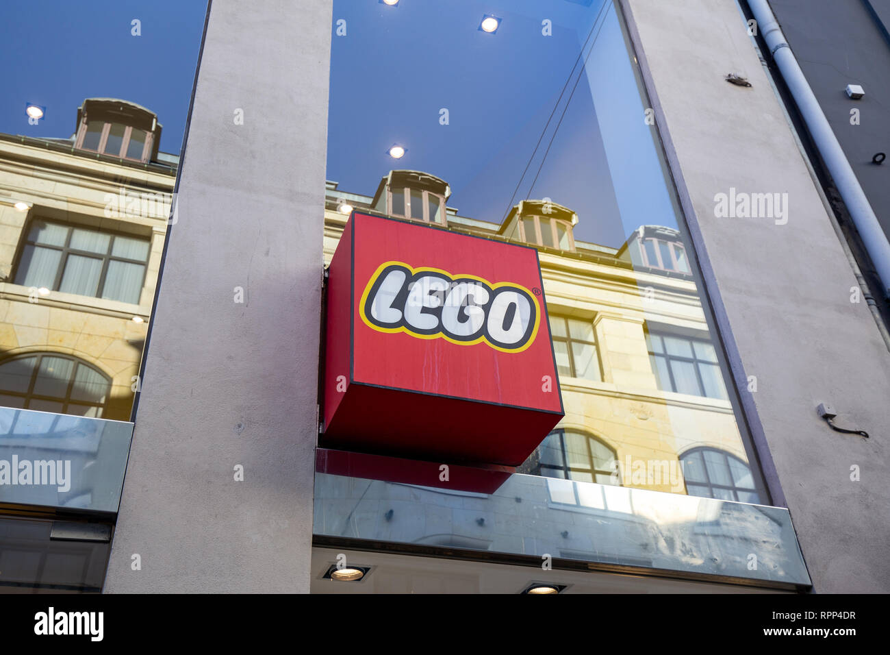 Signe LEGO à shop à Copenhague, Danemark Banque D'Images