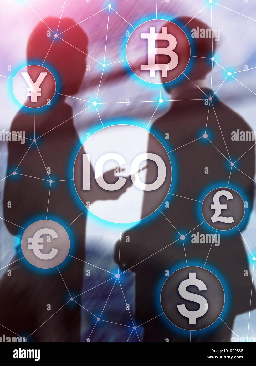 ICO - pièce initiale offrant, Blockchain et cryptocurrency concept sur l'arrière-plan flou bâtiment d'entreprise. Résumé de couverture format vertical. Banque D'Images