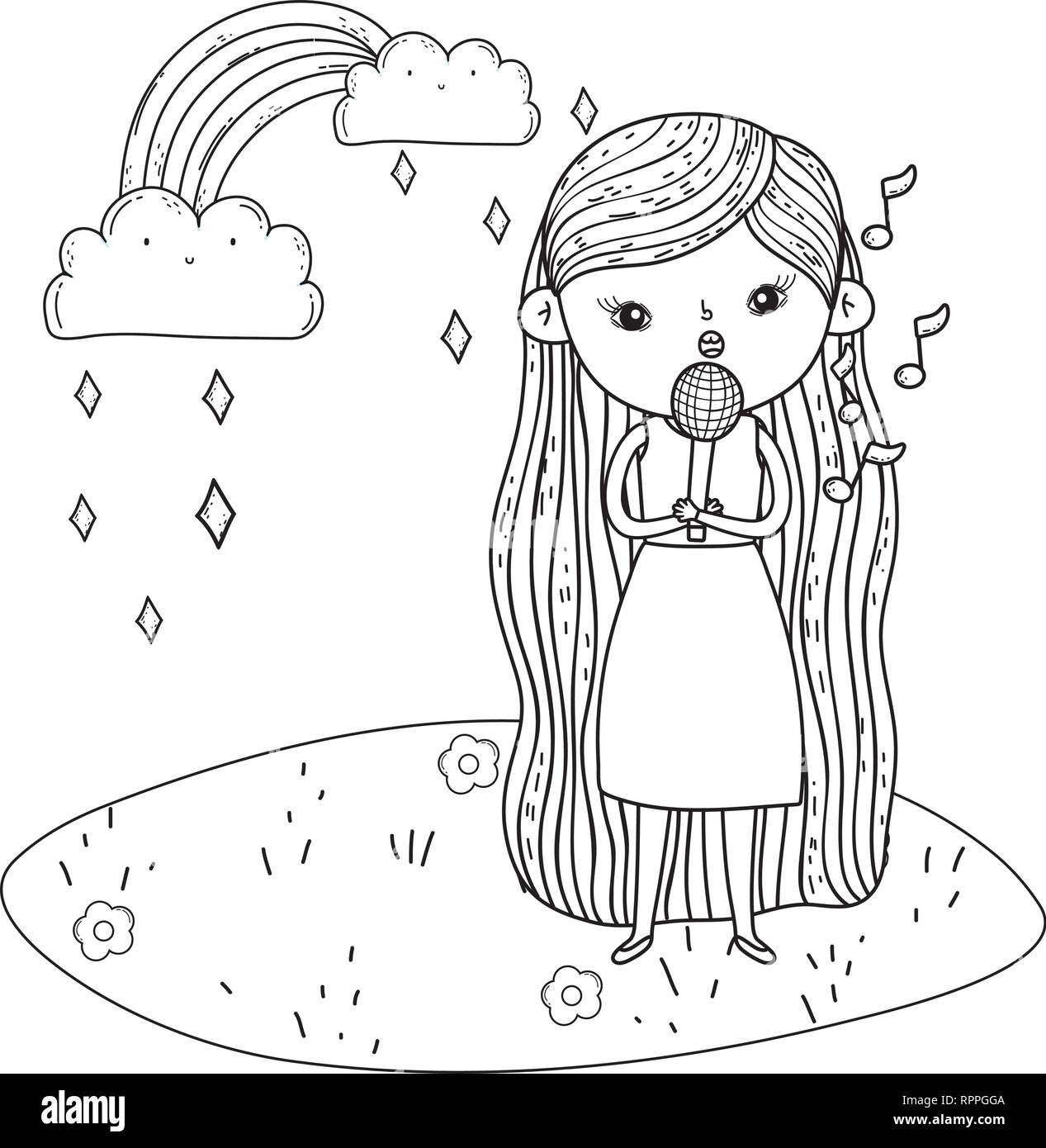 Girl singing with microphone dans le paysage et rainbow Illustration de Vecteur