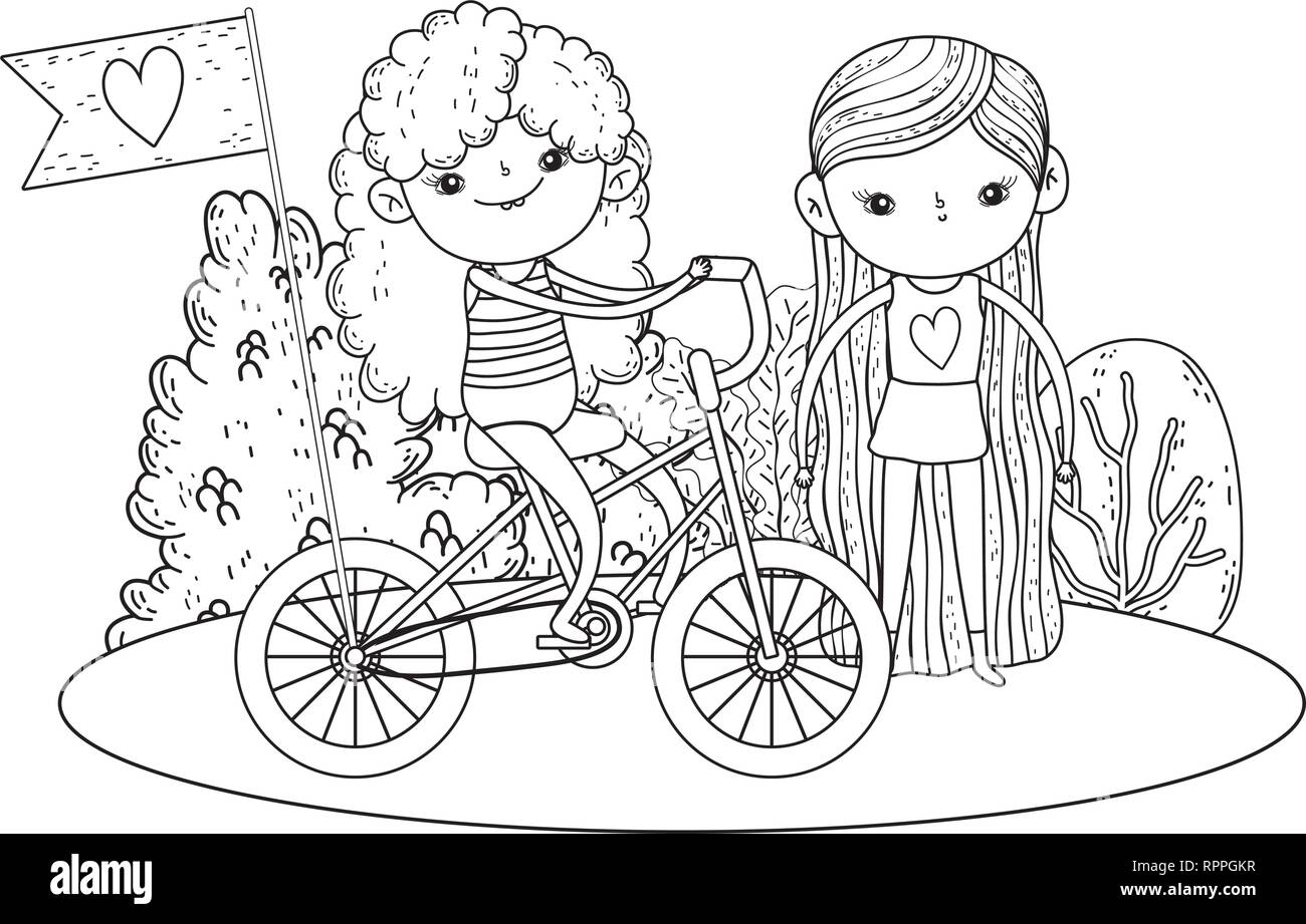 Cute little girls riding bicycle in le paysage Illustration de Vecteur