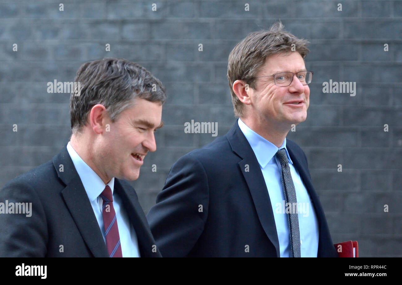 Greg Clarke MP (secrétaire d'affaires) et David Gauke MP (Secrétaire de la Justice) de quitter Downing Street après une rencontre avec le Premier Ministre, 21 févr. 2019 Banque D'Images