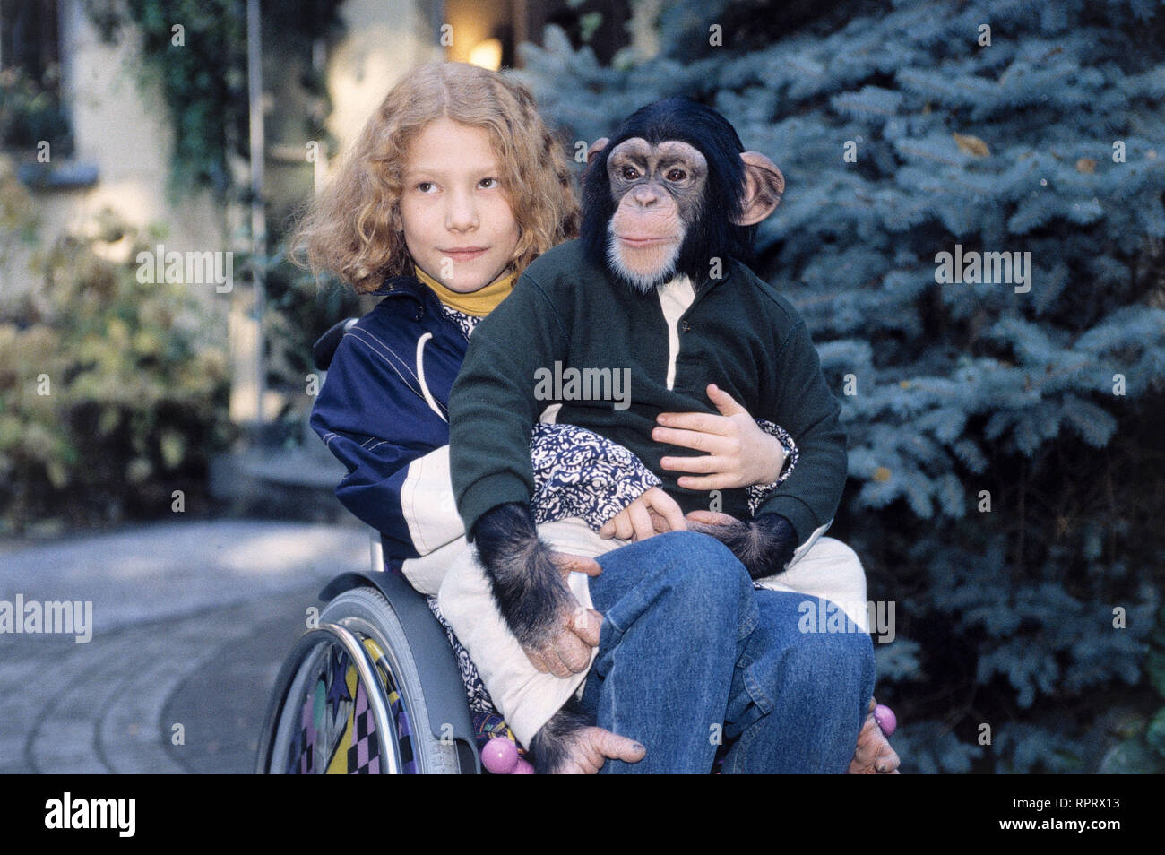 UNSER CHARLY / Kleiner Affe - grosse Liebe D 1995 / Sandra (FRIEDERIKE MÖLLER) muß nach einem Sturz sitzen im Rollstuhl. Charly se aufmuntern sie. / Überschrift : UNSER CHARLY / D 1995 Banque D'Images