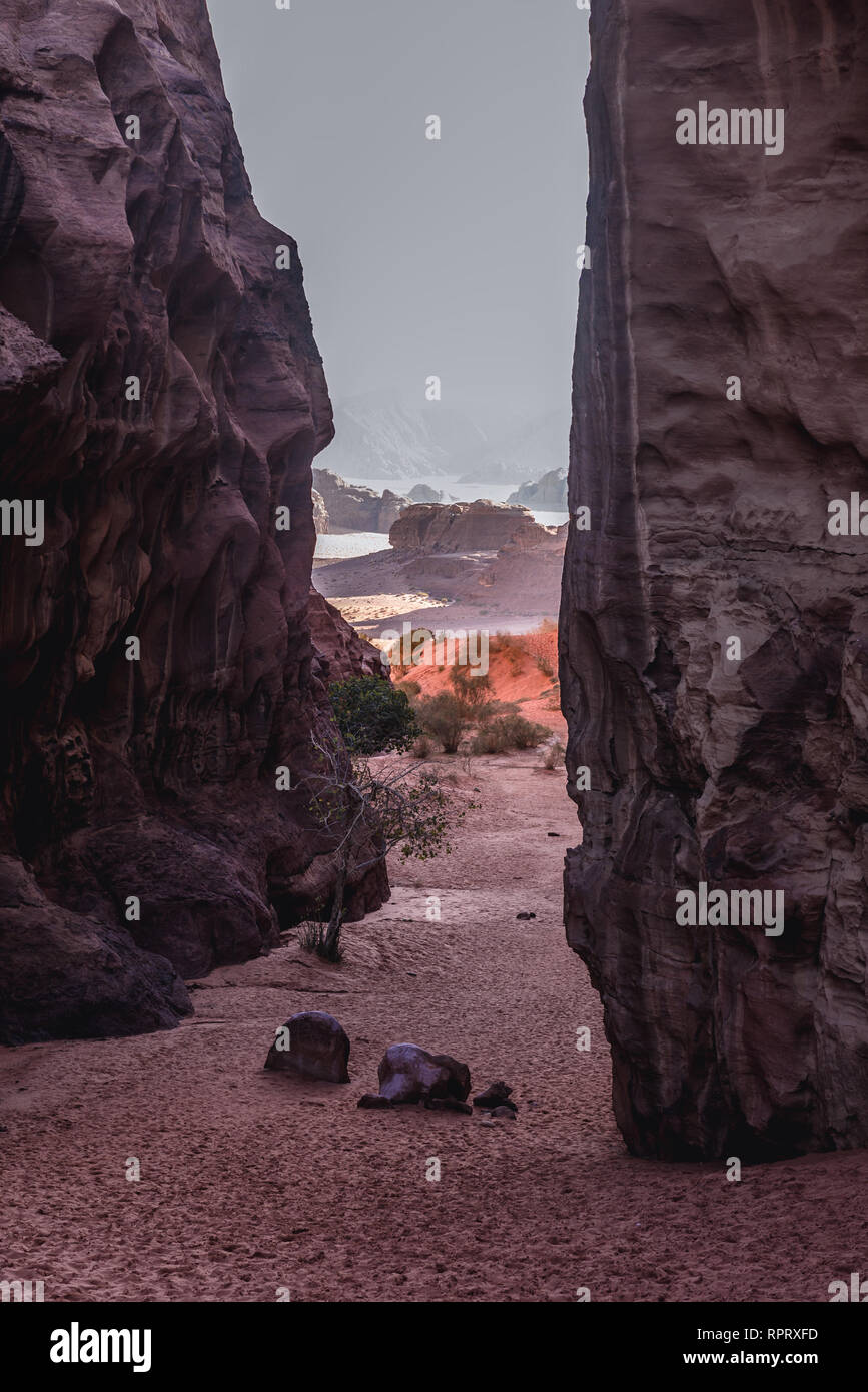 Abu Khashaba canyon dans la vallée de Wadi Rum ou Vallée de la Lune en Jordanie Banque D'Images