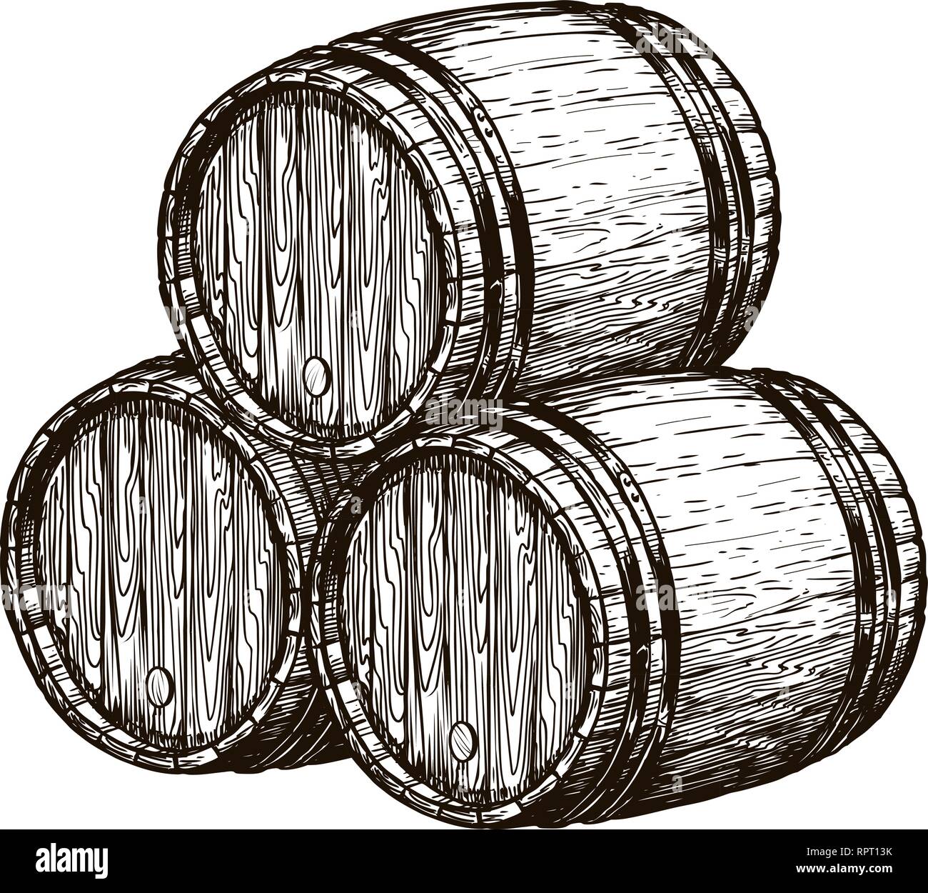 Des tonneaux de vin en bois. La vinification, cave à vin, boisson alcoolisée de croquis. Hand drawn vintage vector illustration Illustration de Vecteur