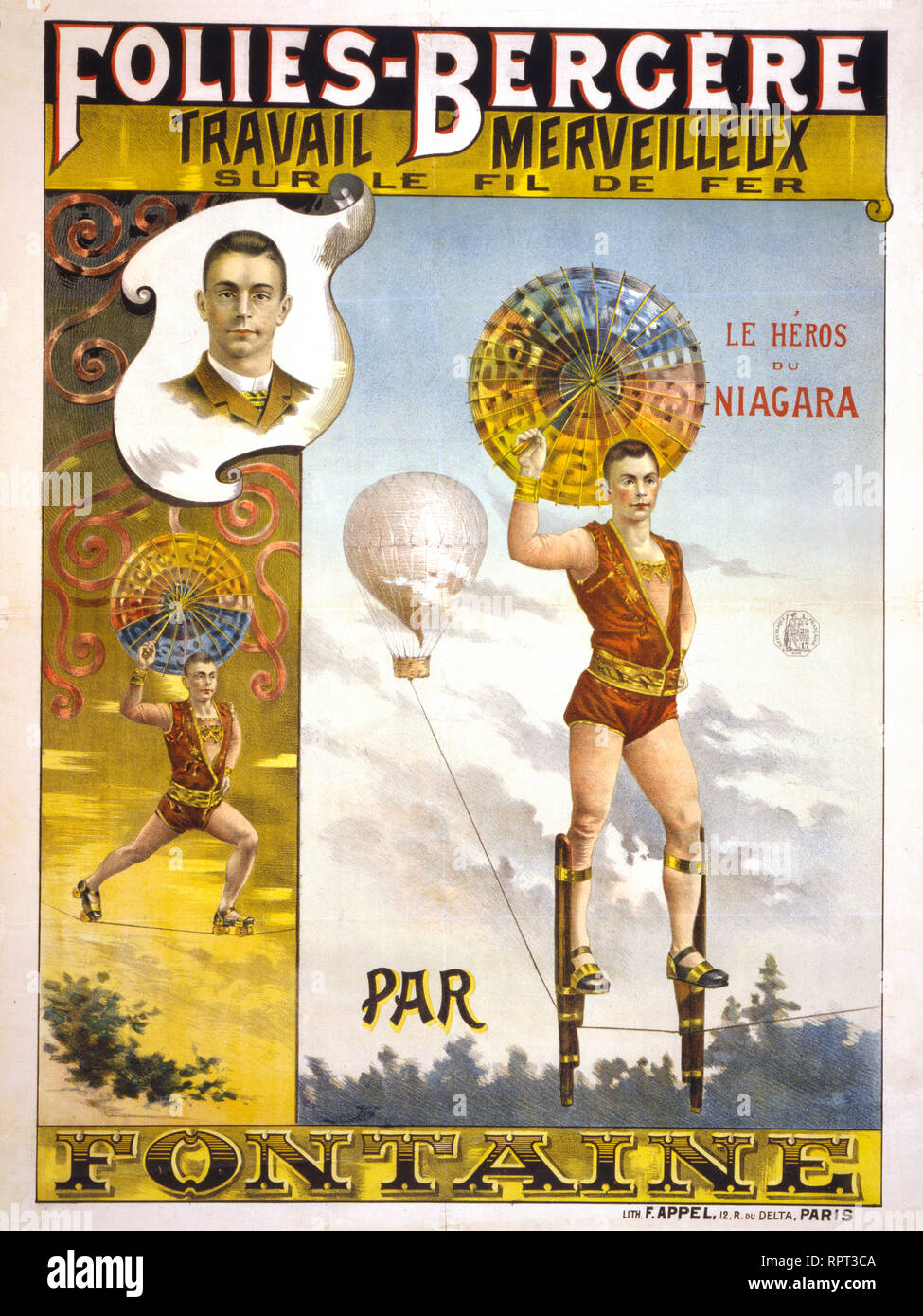 Aux Folies-Bergère travail merveilleux sur le fil de fer par Fontaine -français affiche montre aerialist Fontaine, nommé un des le héros du Niagara dans trois vues d'un petit buste Banque D'Images