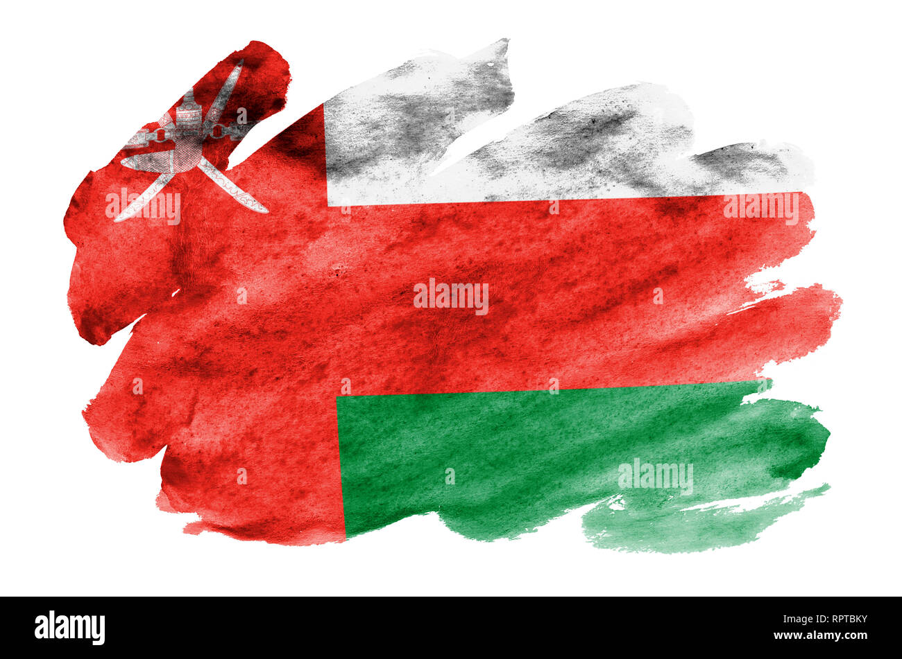 Oman drapeau est représenté dans un style aquarelle liquide isolé sur fond blanc. Peinture imprudente avec ombrage image de drapeau national. Date de l'indépendance b Banque D'Images